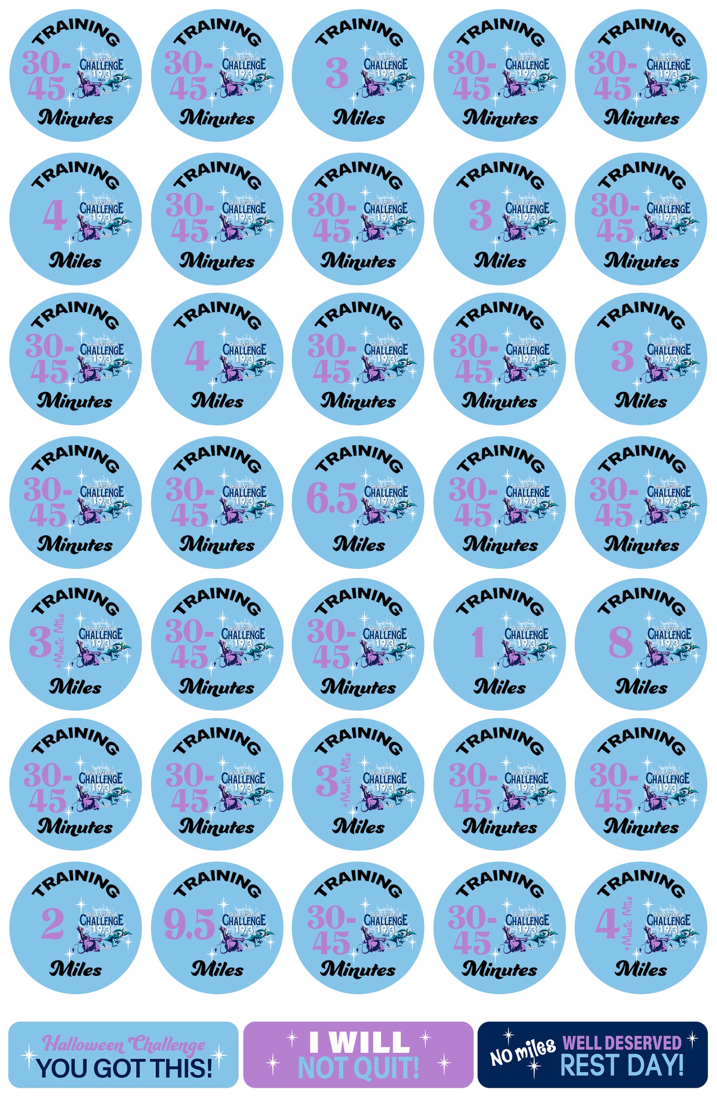 Disneyland Halloween Half Marathon Weekend 2025 Chills & Thrills Challenge 19.3 Miles 19-Week Galloway Training Plan Stickers THEMED