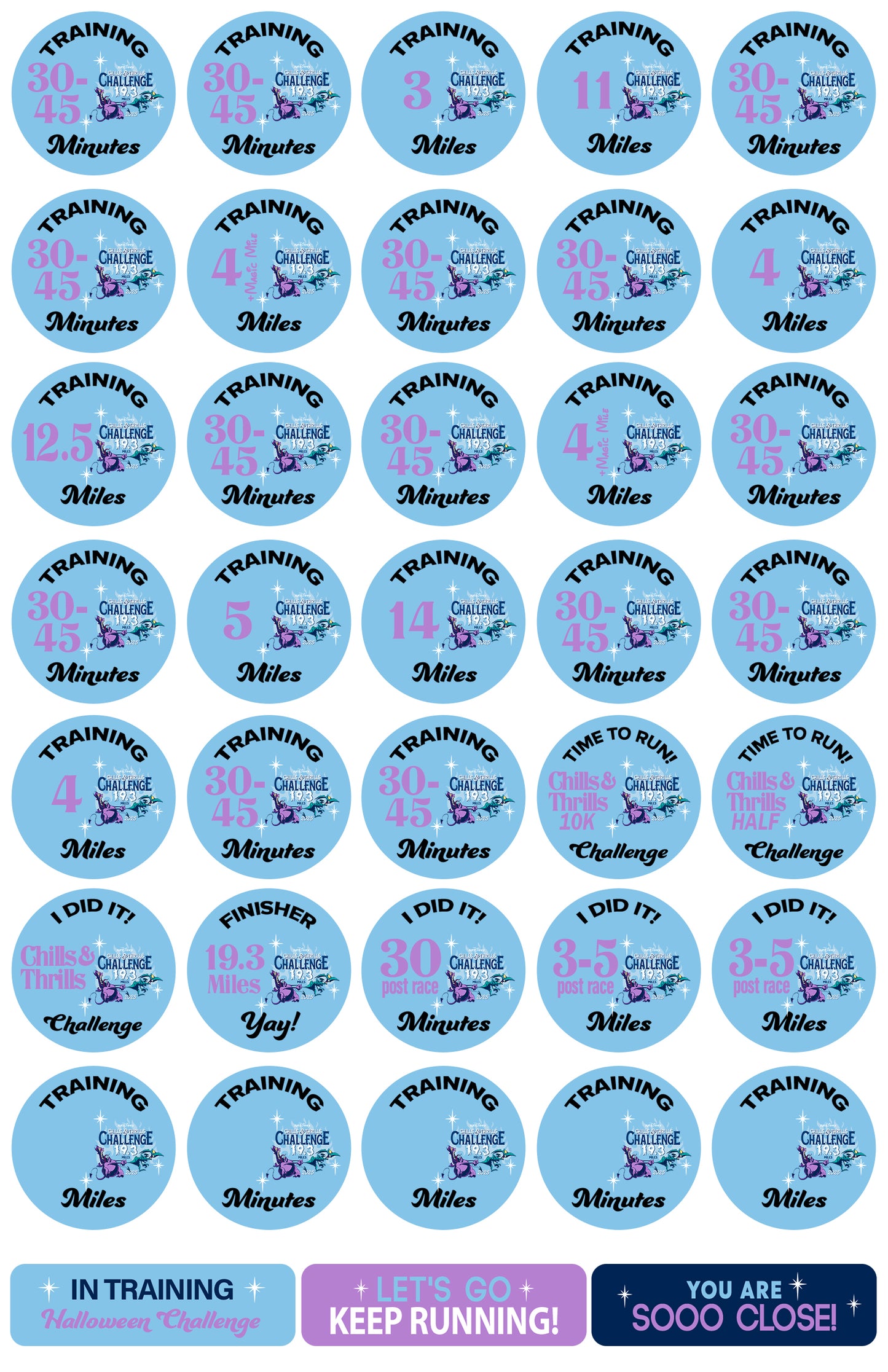 Disneyland Halloween Half Marathon Weekend 2025 Chills & Thrills Challenge 19.3 Miles 19-Week Galloway Training Plan Stickers THEMED