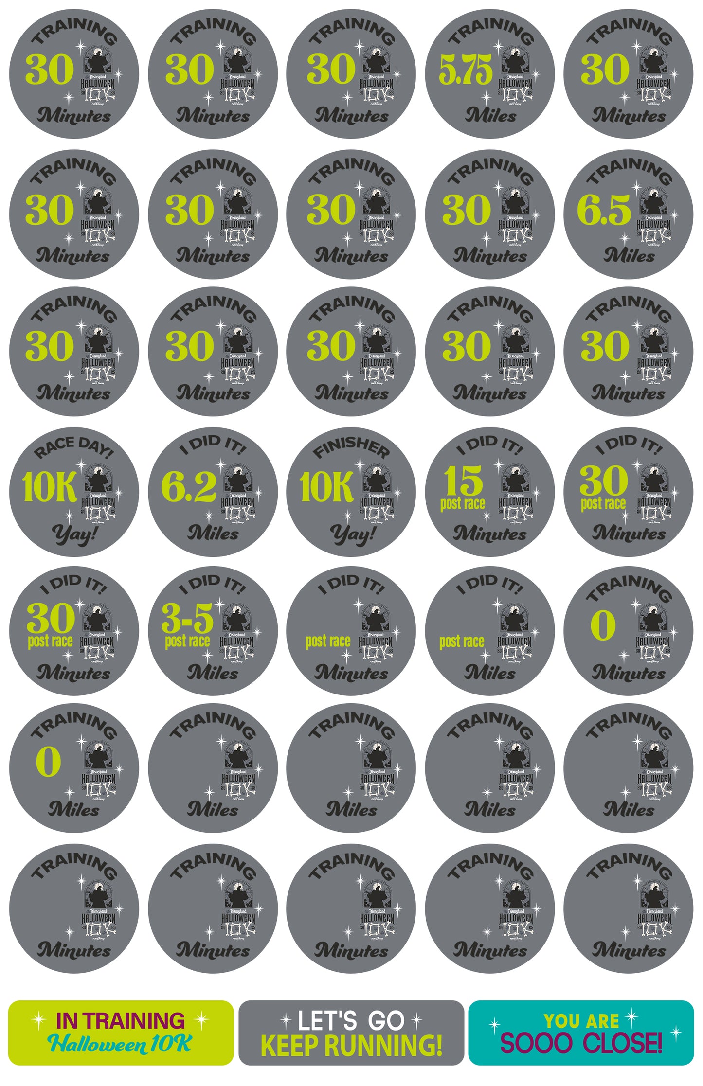 Disneyland Halloween Half Marathon Weekend 2025 10K 18-Week Galloway Training Plan Stickers THEMED