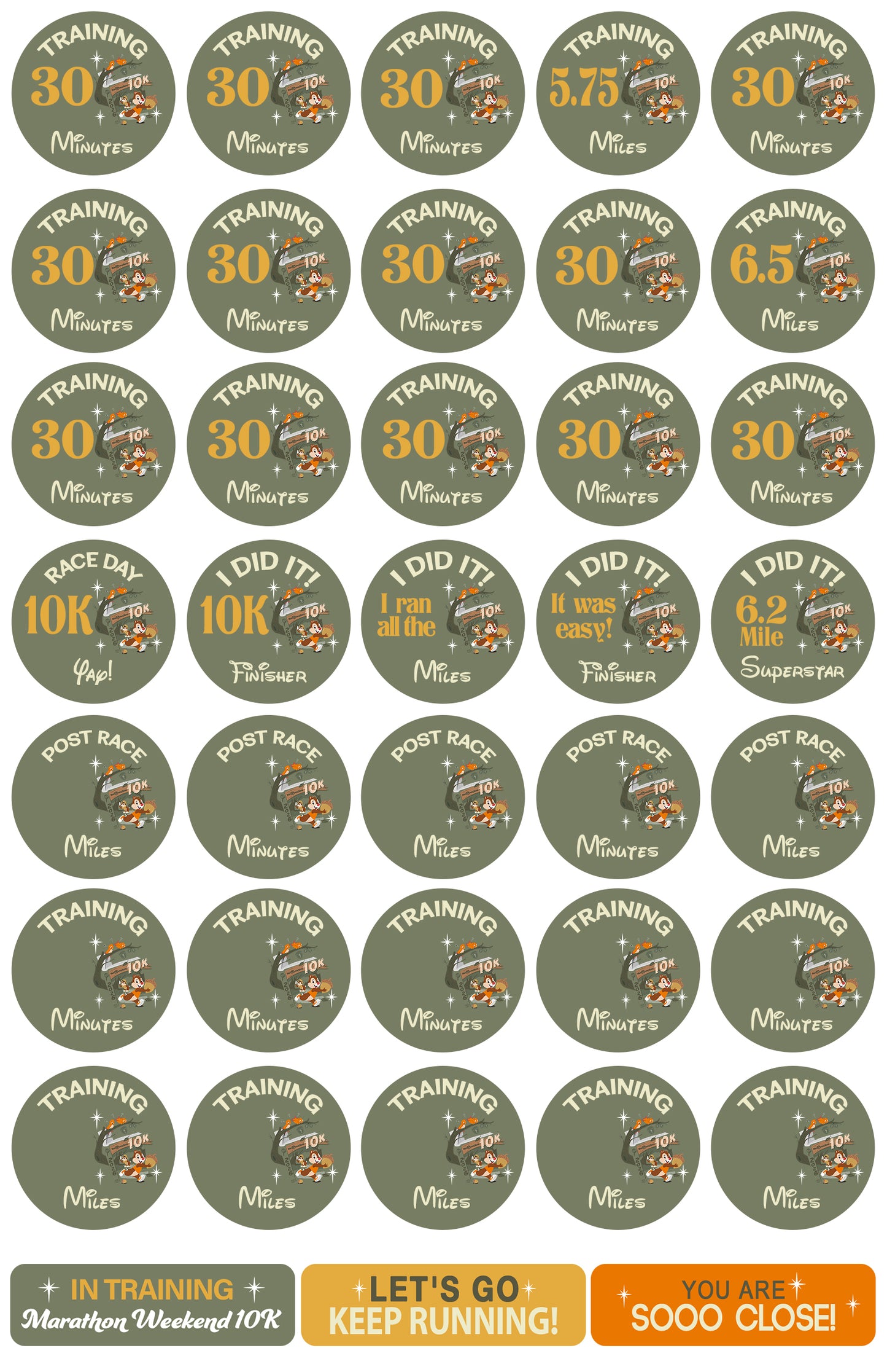 RunDisney Marathon Weekend 10K 18-Week Galloway Training Plan Stickers THEMED 2026