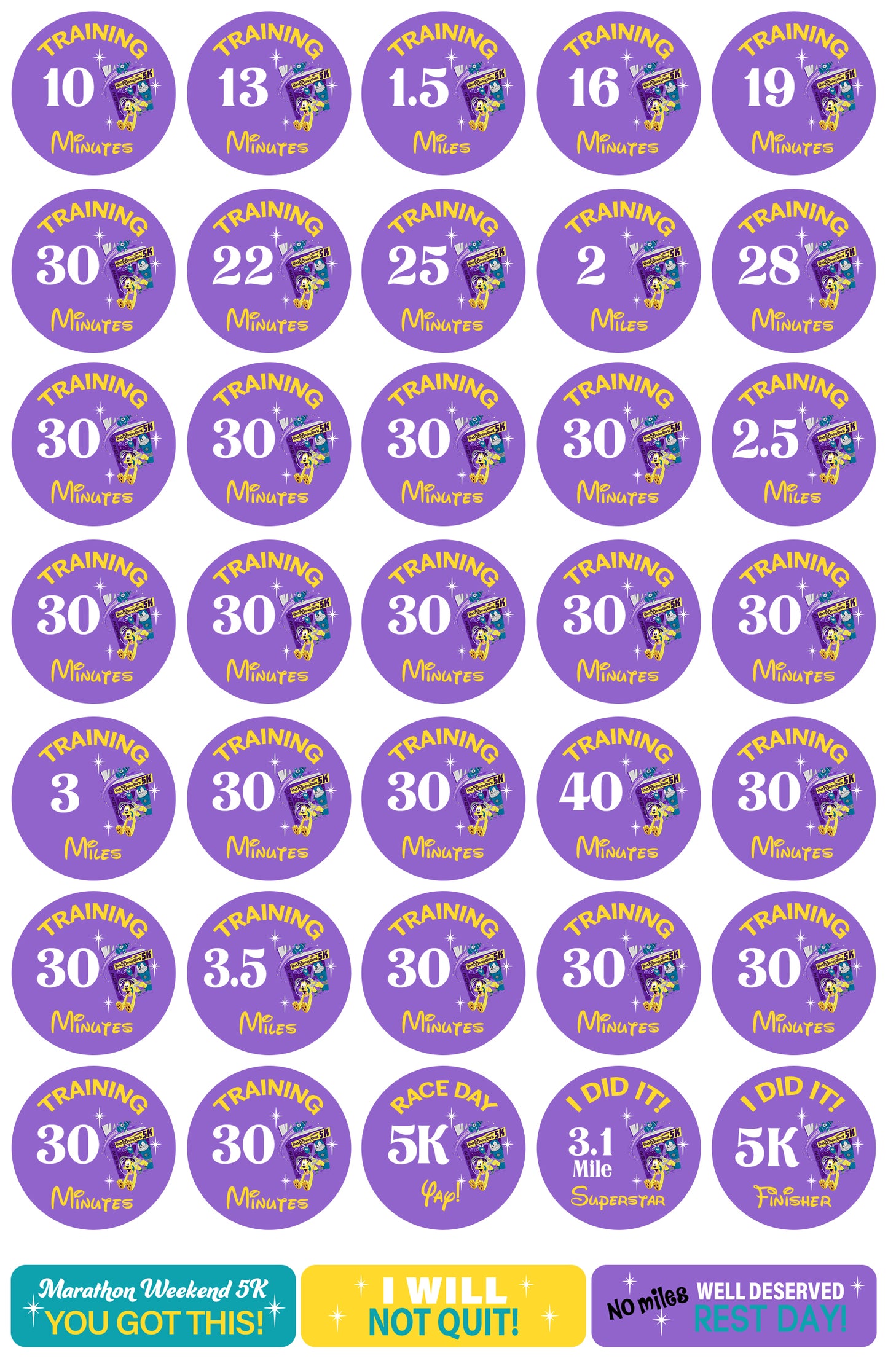 RunDisney Marathon Weekend 5K 13-Week Galloway Training Plan Stickers THEMED 2026