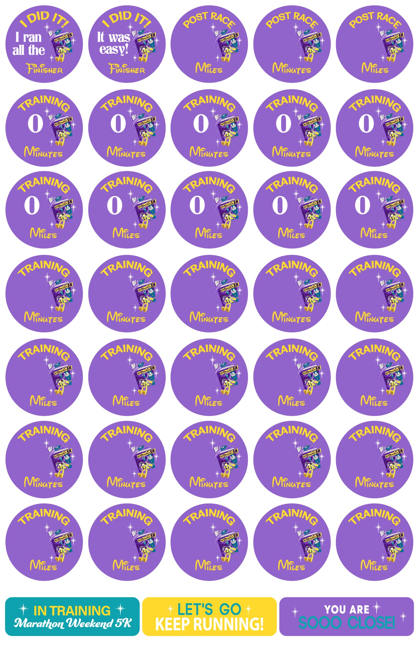 RunDisney Marathon Weekend 5K 13-Week Galloway Training Plan Stickers THEMED 2026
