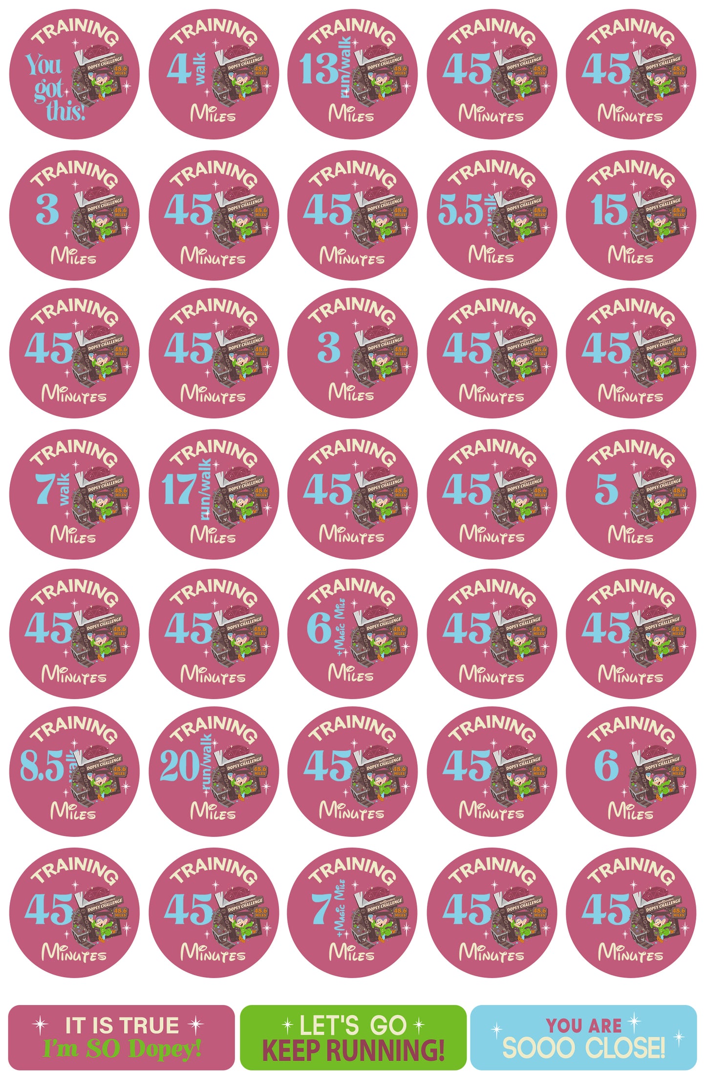 RunDisney Marathon Weekend Dopey Challenge 29-Week Galloway Training Plan Stickers THEMED 2026