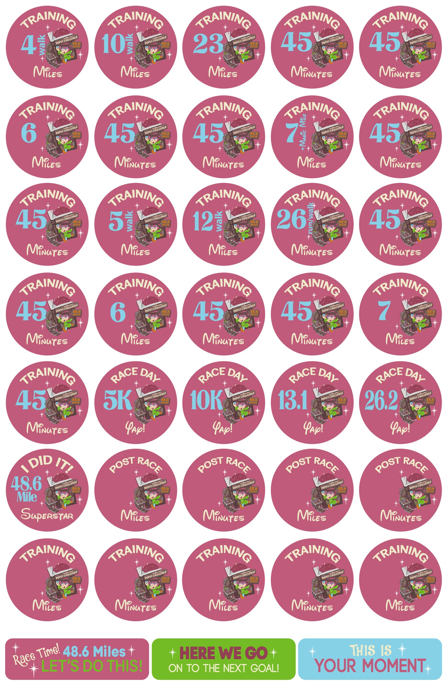 RunDisney Marathon Weekend Dopey Challenge 29-Week Galloway Training Plan Stickers THEMED 2026