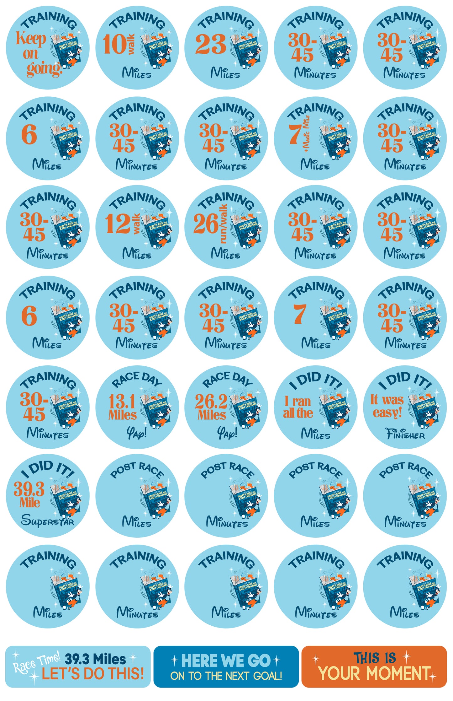RunDisney Marathon Weekend Goofy Challenge 29-Week Galloway Training Plan Stickers THEMED 2026