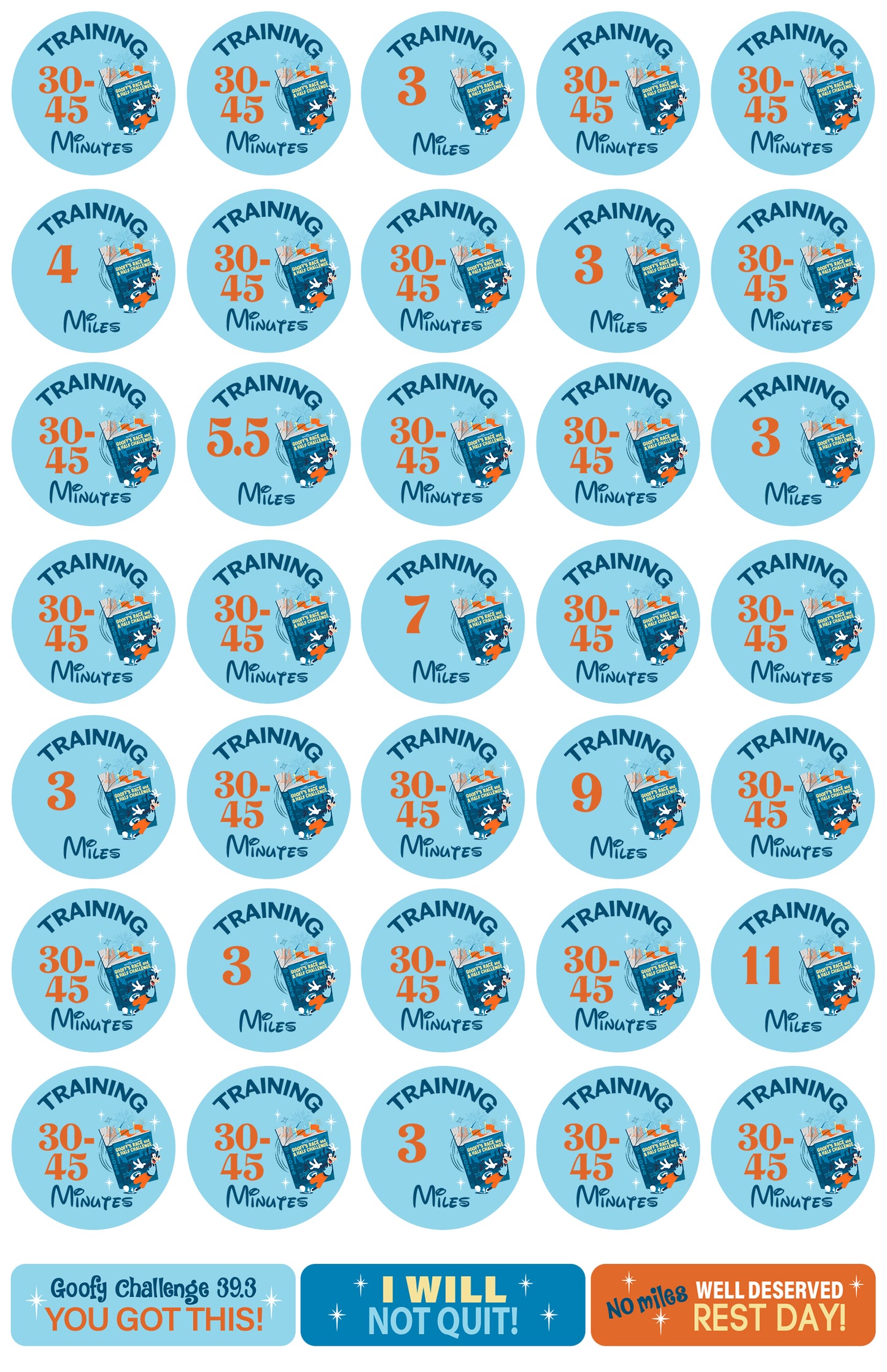 RunDisney Marathon Weekend Goofy Challenge 29-Week Galloway Training Plan Stickers THEMED 2026