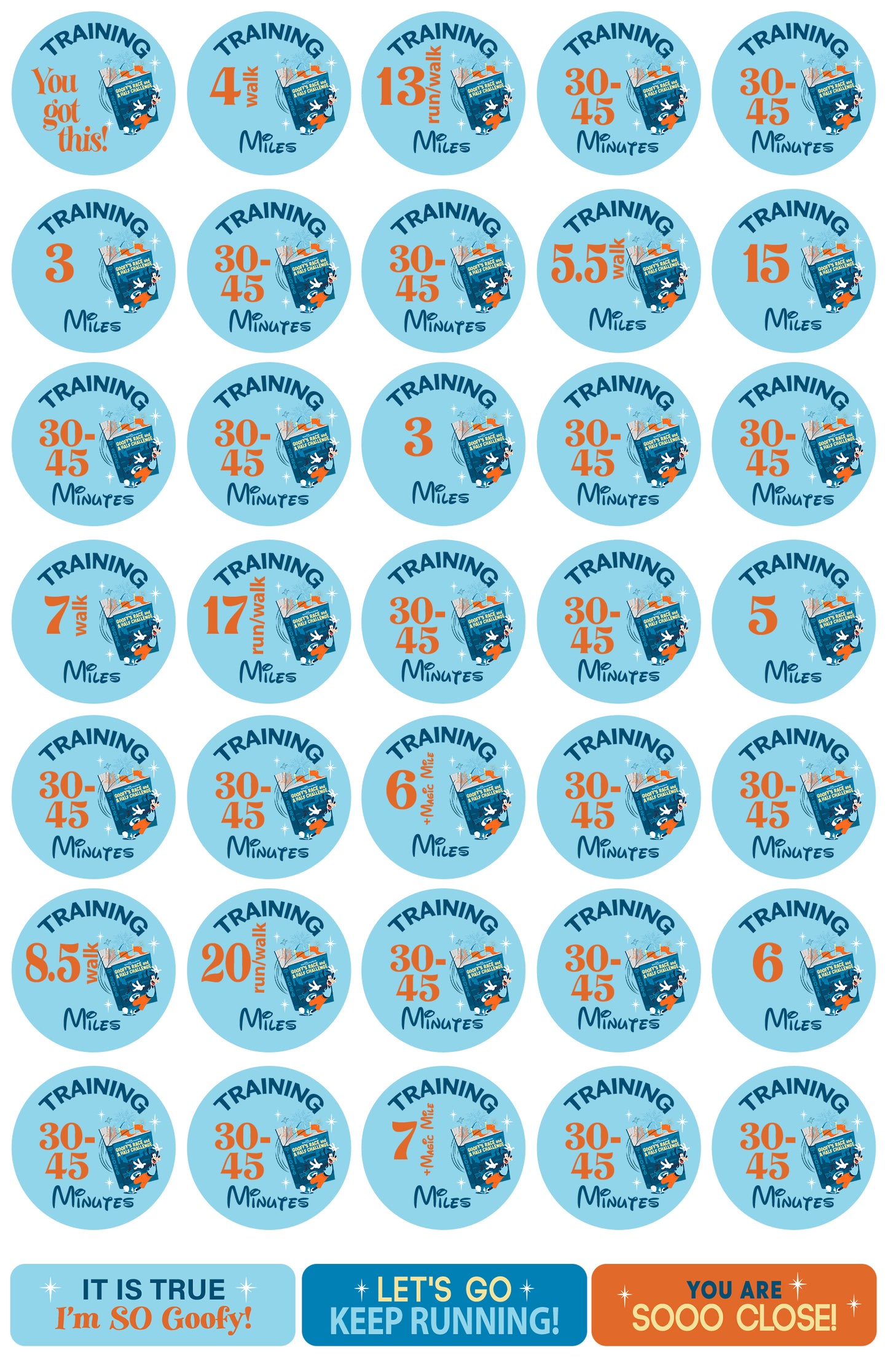 RunDisney Marathon Weekend Goofy Challenge 29-Week Galloway Training Plan Stickers THEMED 2026