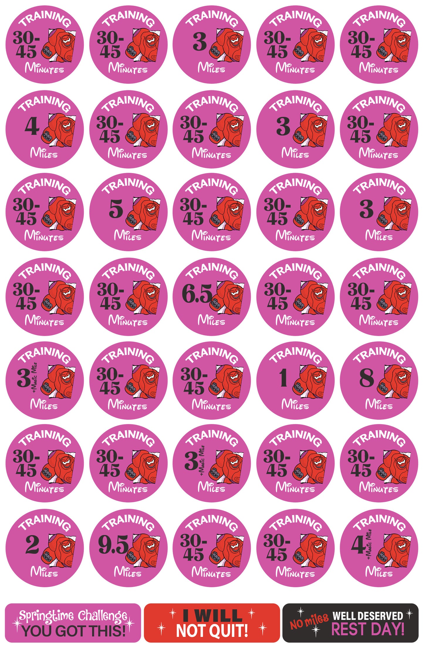 RunDisney Springtime Surprise Weekend 19.3 Mile Challenge 19-Week Galloway Training Plan Stickers THEMED 2025