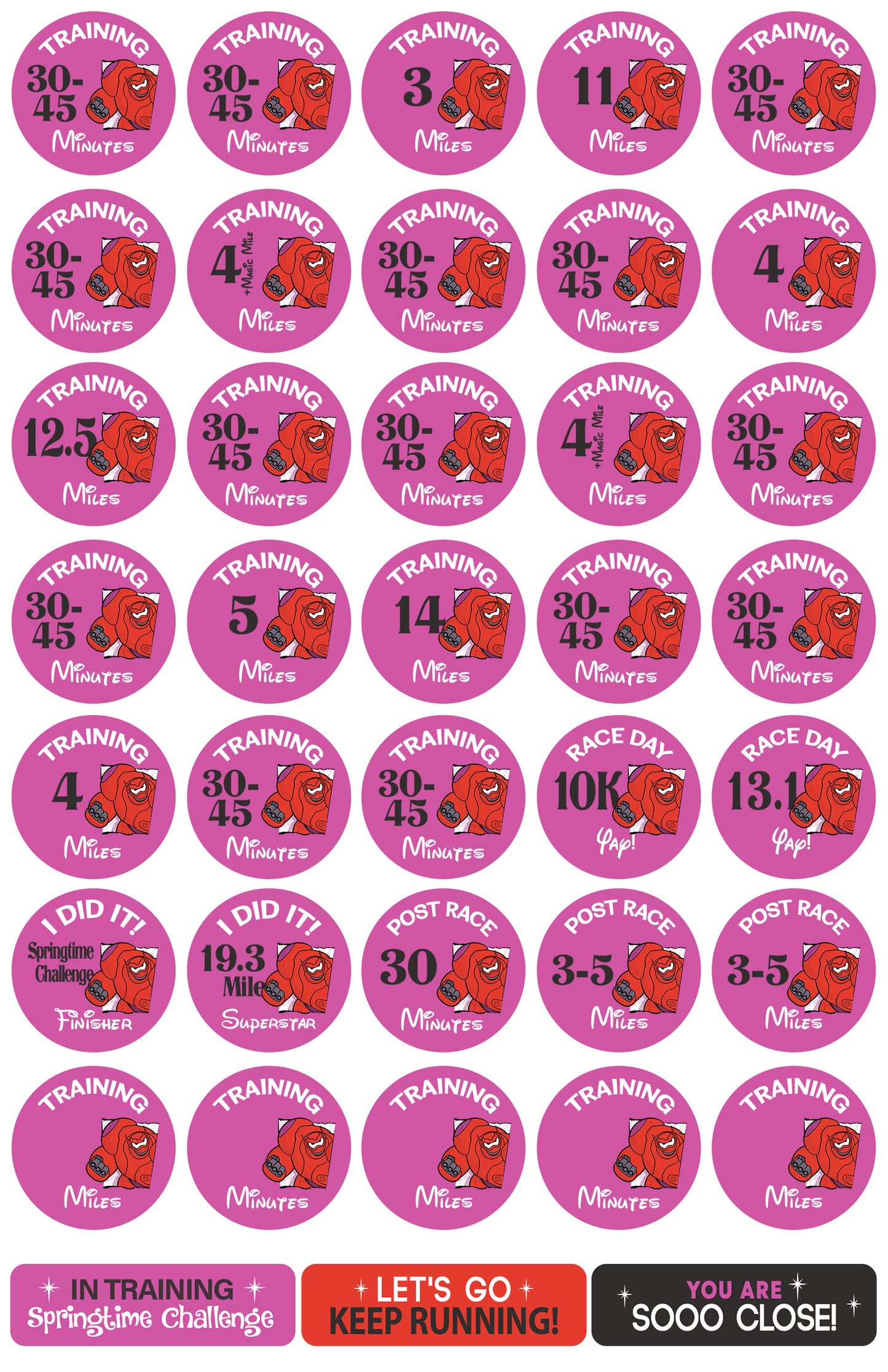 RunDisney Springtime Surprise Weekend 19.3 Mile Challenge 19-Week Galloway Training Plan Stickers THEMED 2025