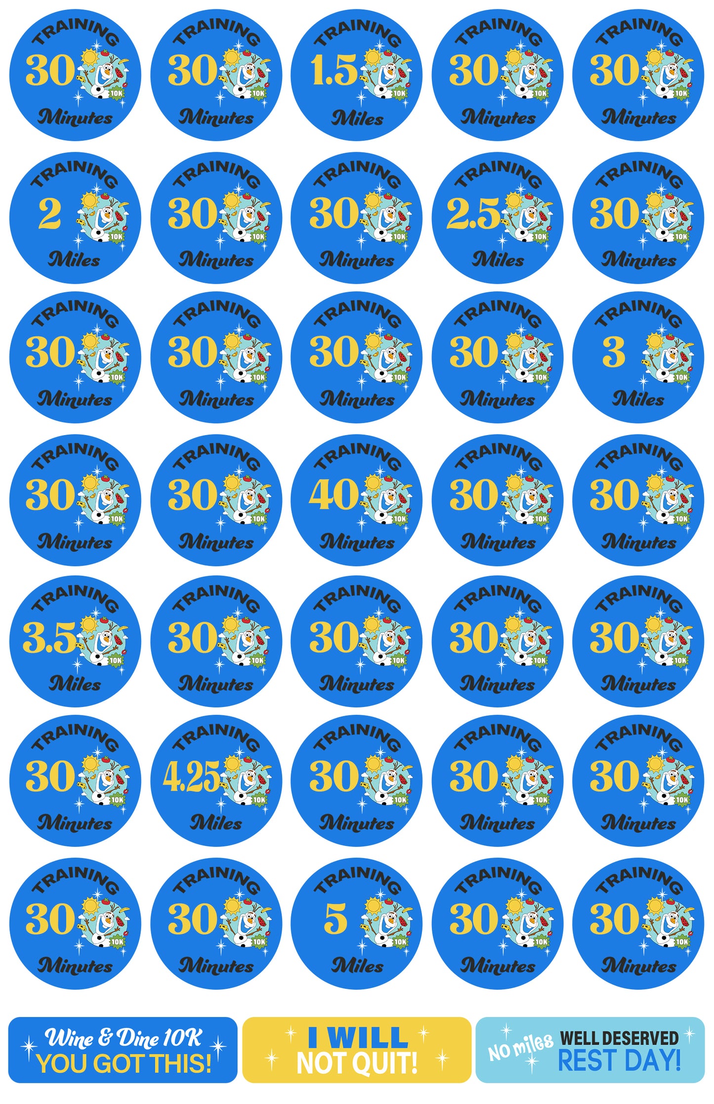 RunDisney Wine & Dine Weekend 2025 10K 18-Week Galloway Training Plan Stickers THEMED
