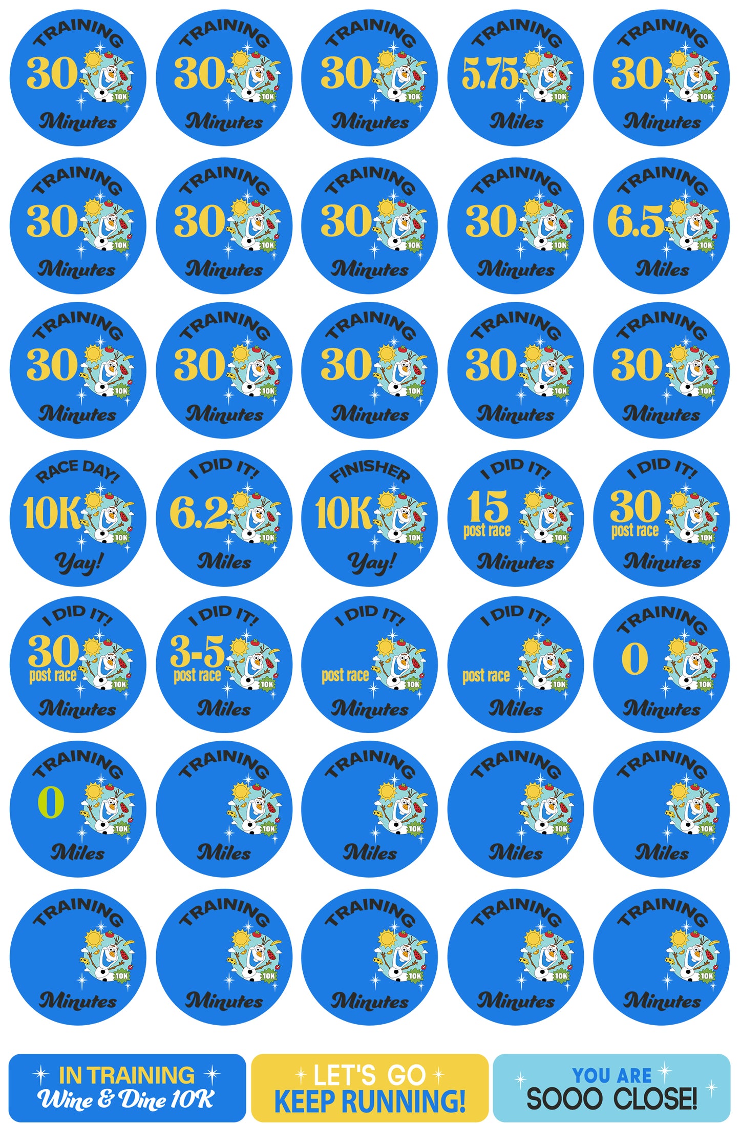 RunDisney Wine & Dine Weekend 2025 10K 18-Week Galloway Training Plan Stickers THEMED