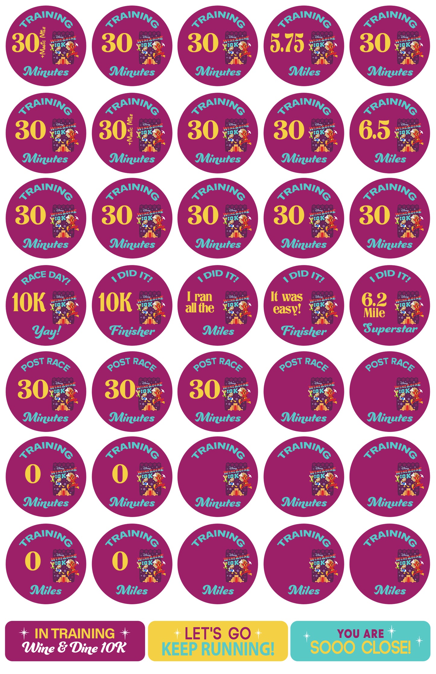 RunDisney Wine & Dine Weekend 2026 10K 18-Week Galloway Training Plan Stickers THEMED
