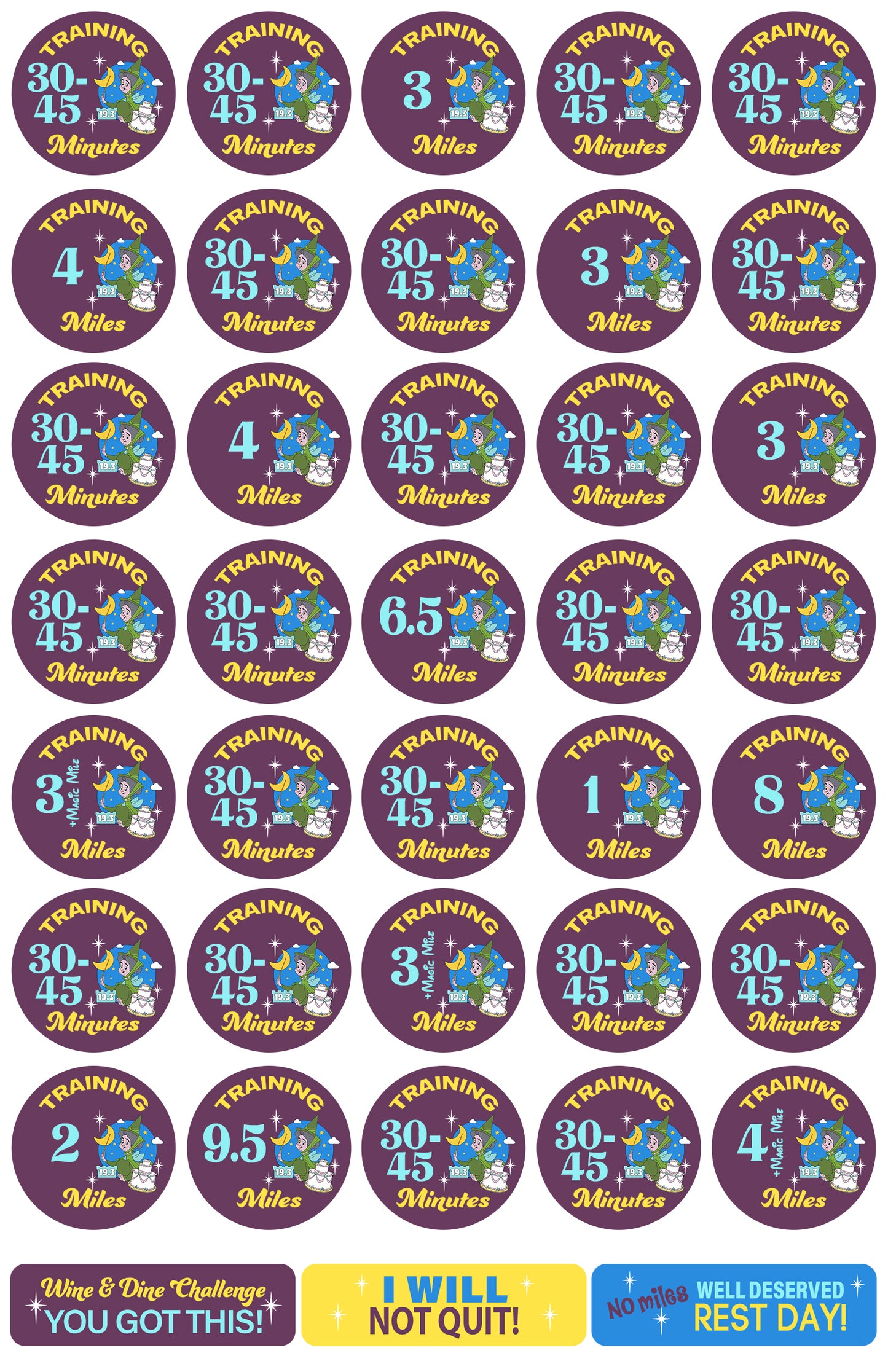 RunDisney Wine & Dine Weekend 2025 Two-Course Challenge 19.3 Miles 19-Week Galloway Training Plan Stickers THEMED