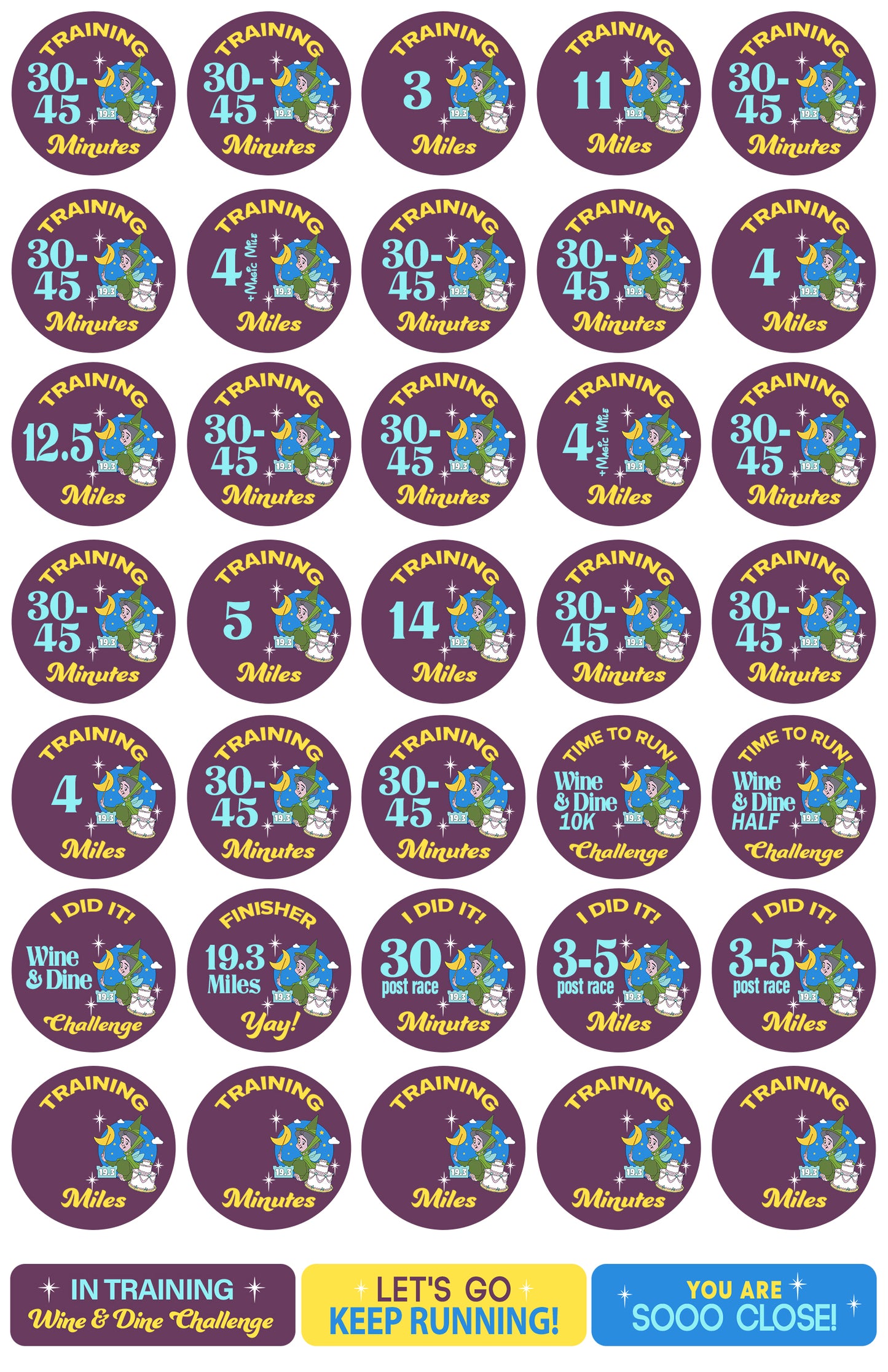RunDisney Wine & Dine Weekend 2025 Two-Course Challenge 19.3 Miles 19-Week Galloway Training Plan Stickers THEMED