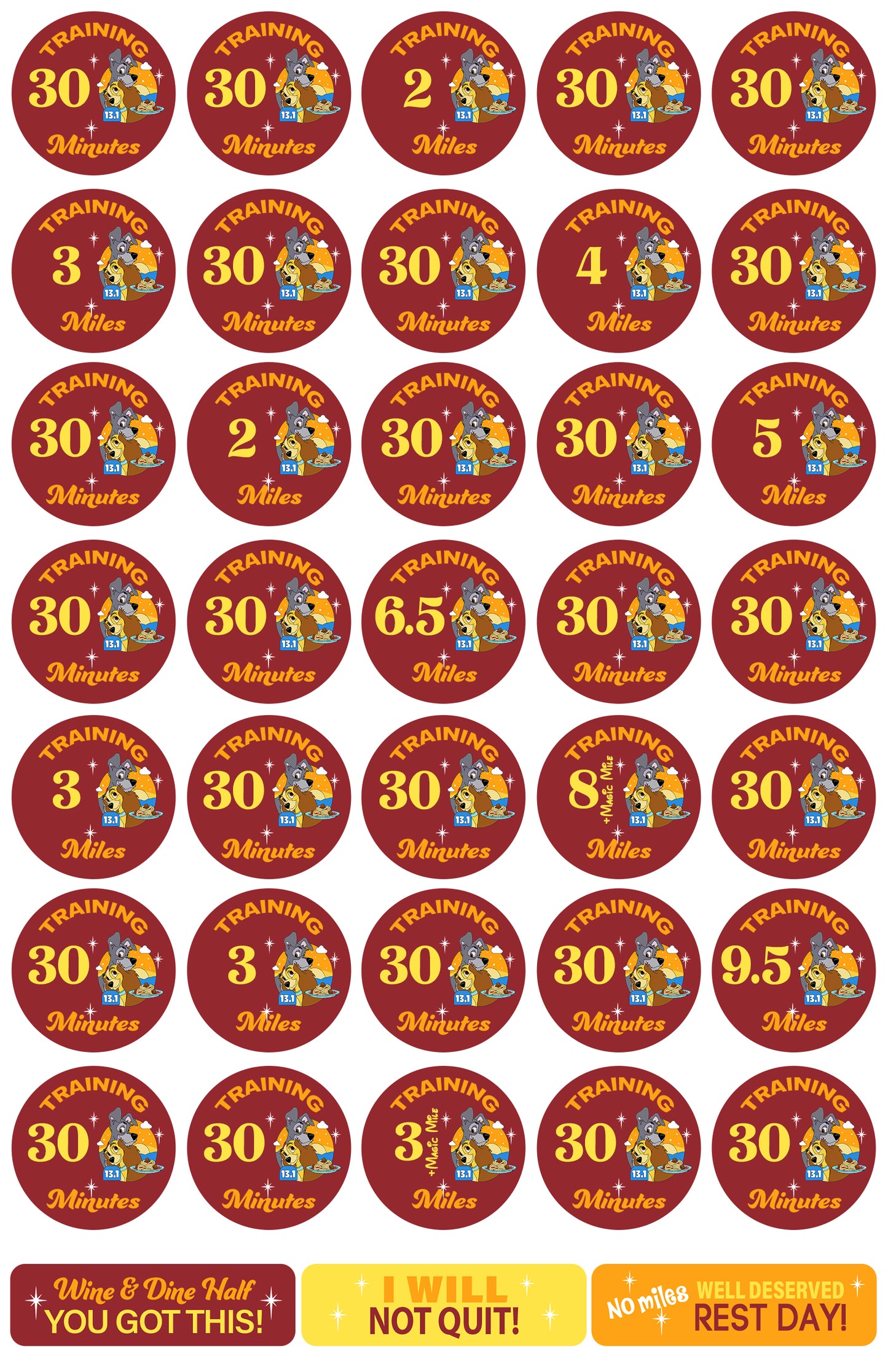RunDisney Wine & Dine Weekend 2025 Half Marathon 19-Week Galloway Training Plan Stickers THEMED