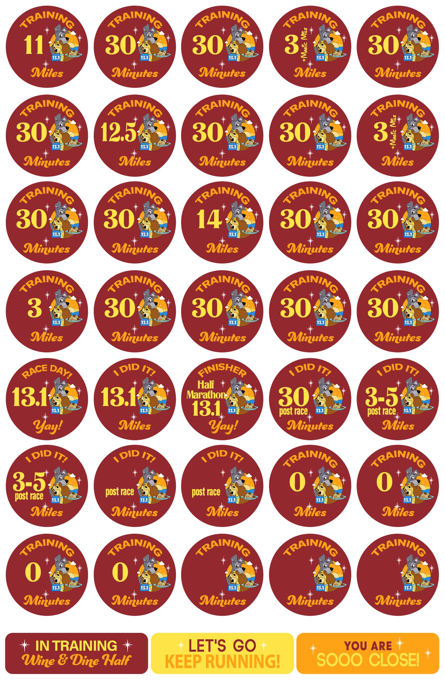 RunDisney Wine & Dine Weekend 2025 Half Marathon 19-Week Galloway Training Plan Stickers THEMED
