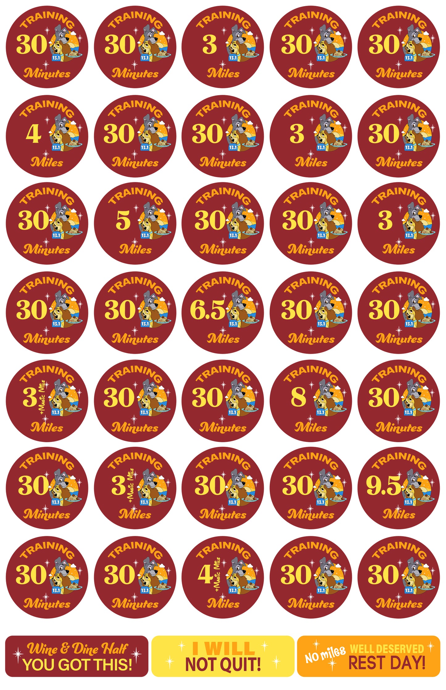RunDisney Wine & Dine Weekend 2025 Half Marathon 19-Week Galloway Training Plan Stickers THEMED