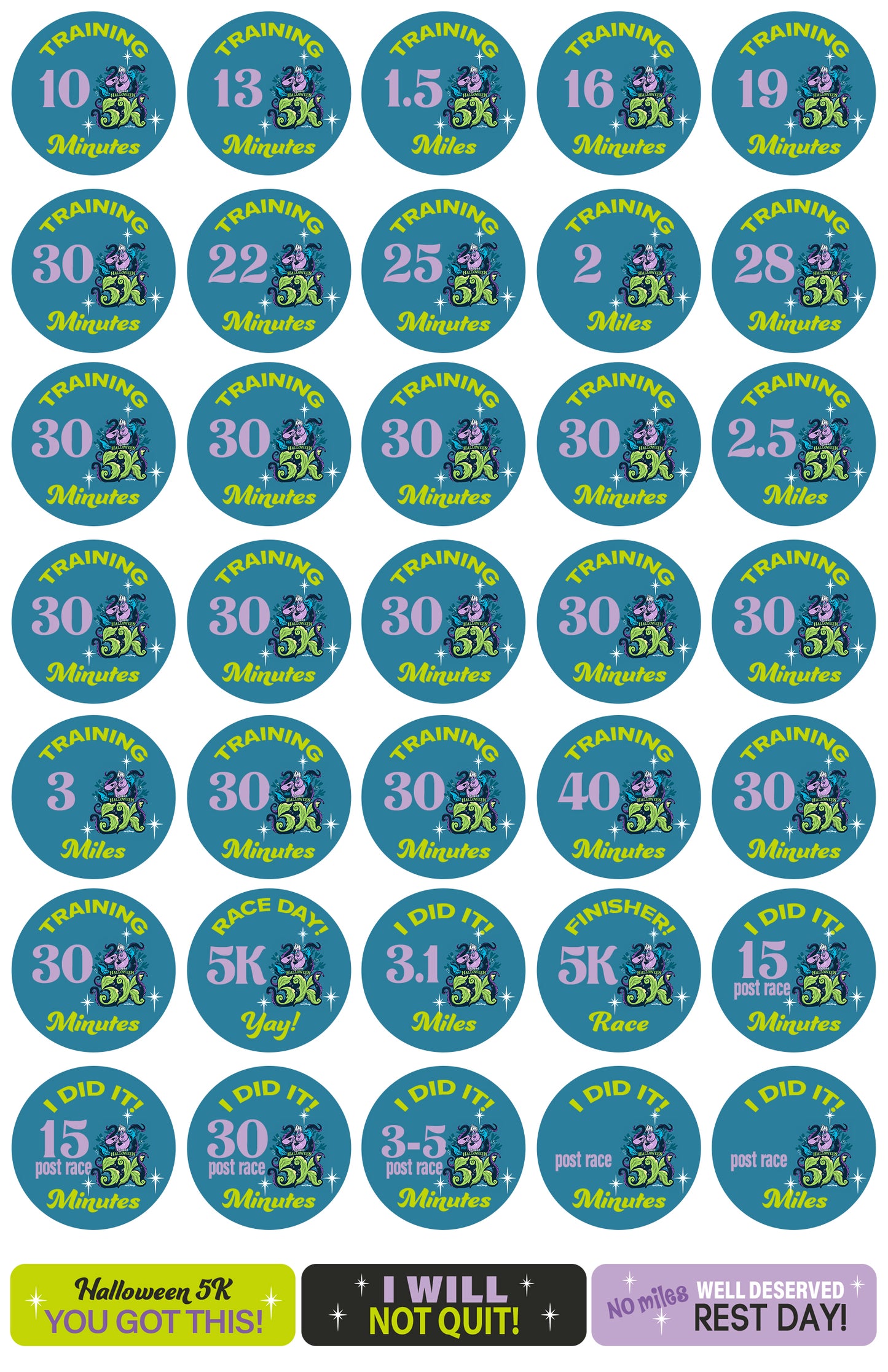 Disneyland Halloween Half Marathon Weekend 2025 5K 13-Week Galloway Training Plan Stickers THEMED