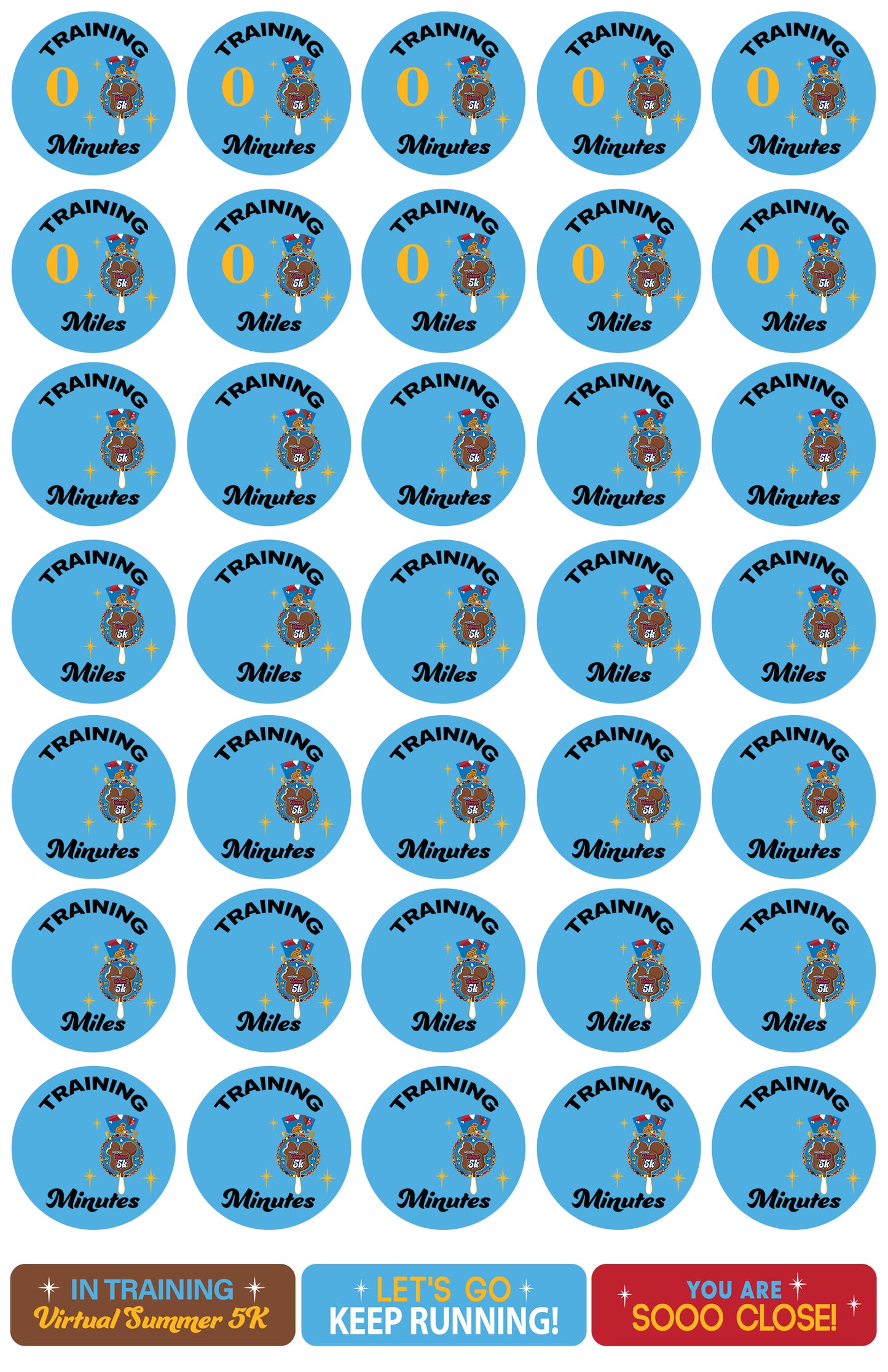 RunDisney Virtual Summer Mickey Mouse Bar 5K 13-Week Galloway Training Plan Stickers THEMED 2024