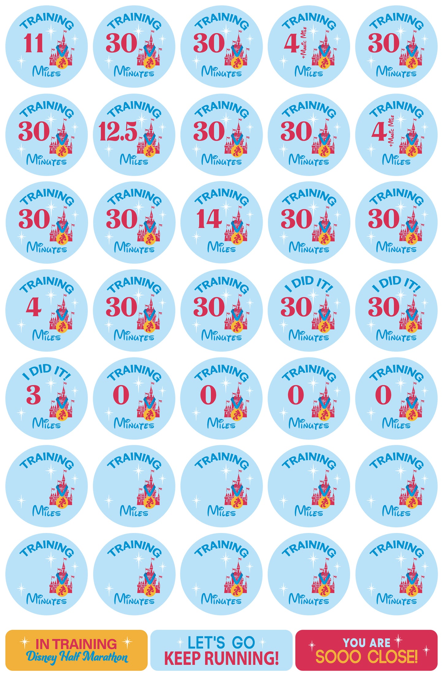 RunDisney Marathon Weekend Half Marathon 19-Week Galloway Training Plan Stickers