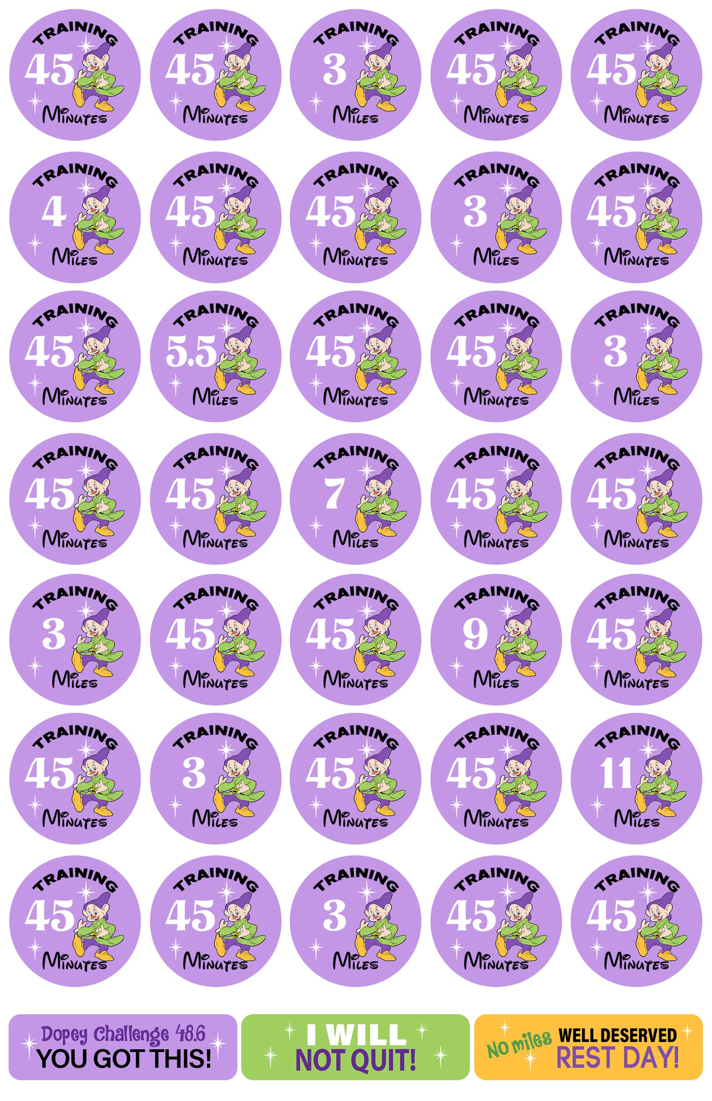 RunDisney Marathon Weekend Dopey Challenge 29-Week Galloway Training Plan Stickers THEMED 2024