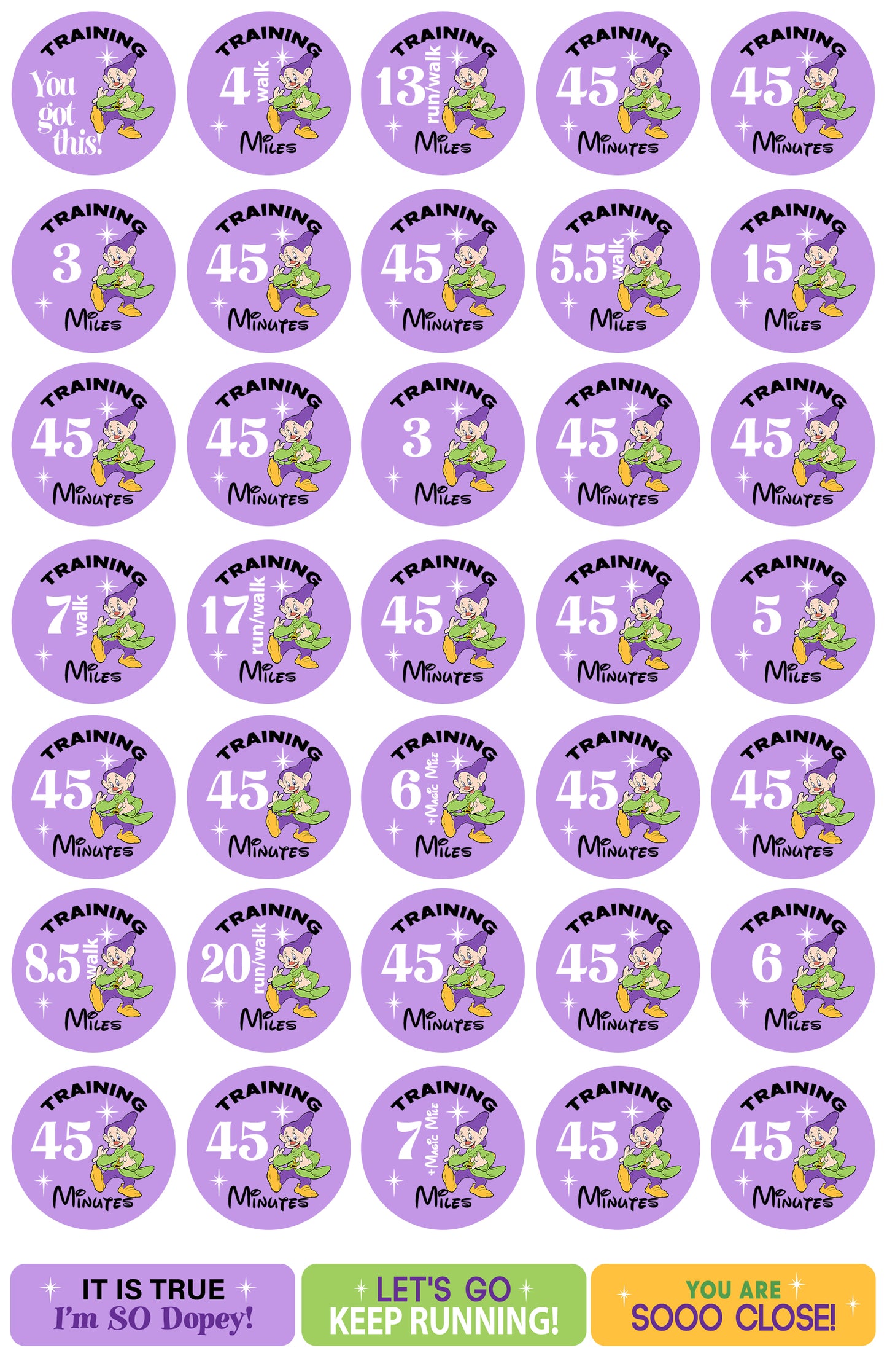 RunDisney Marathon Weekend Dopey Challenge 29-Week Galloway Training Plan Stickers THEMED 2024