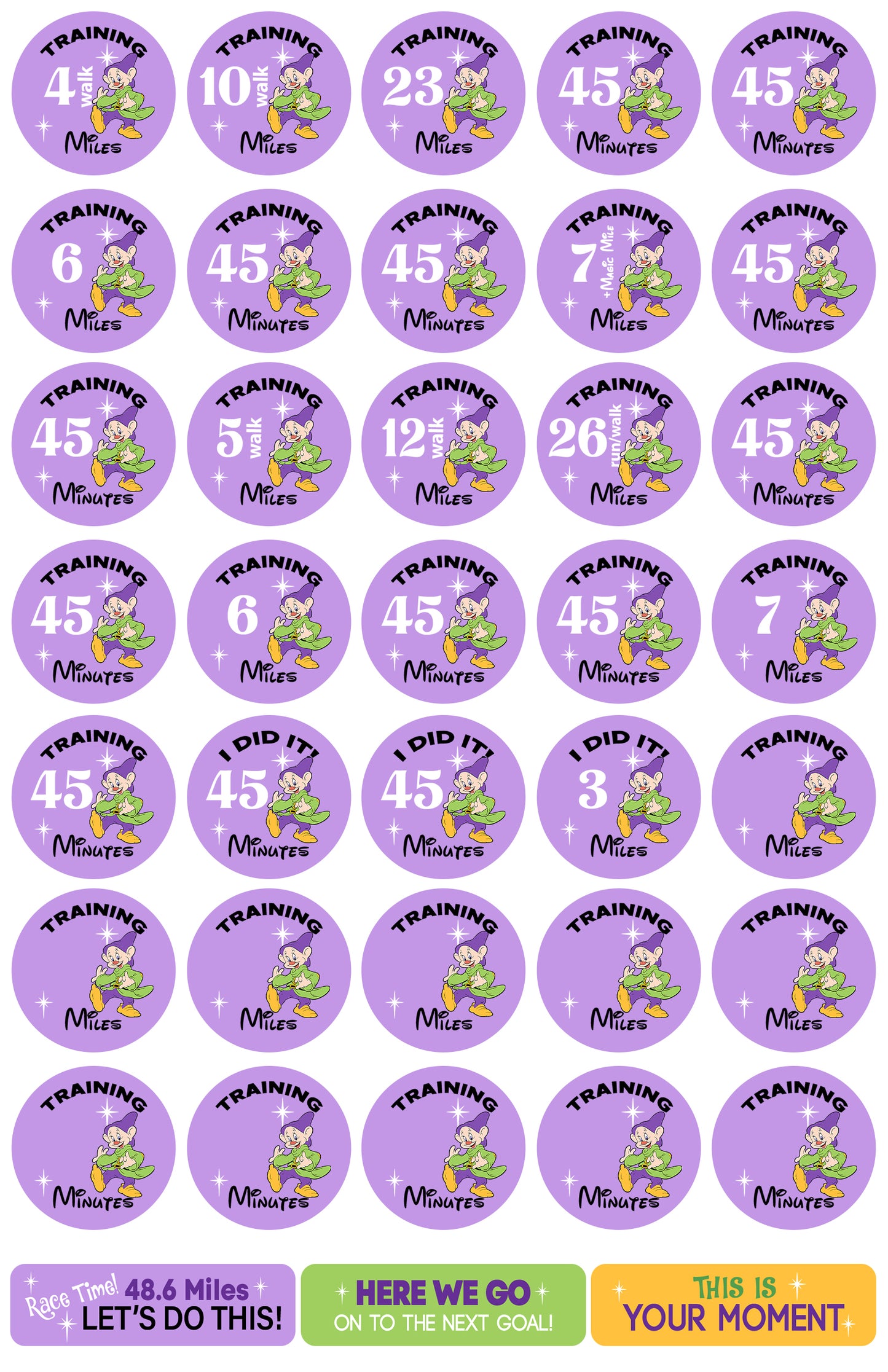 RunDisney Marathon Weekend Dopey Challenge 29-Week Galloway Training Plan Stickers THEMED 2024