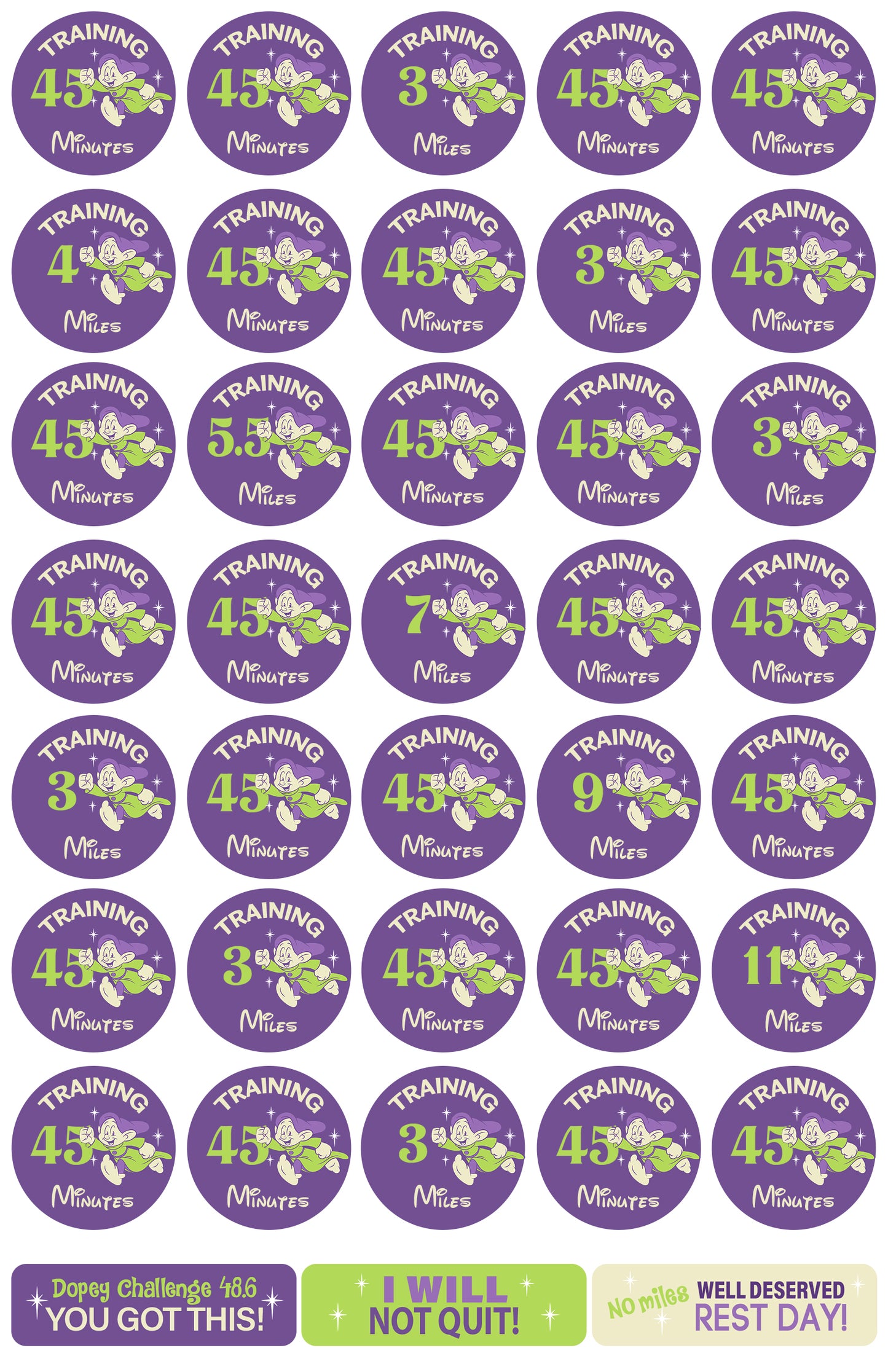 RunDisney Marathon Weekend Dopey Challenge 29-Week Galloway Training Plan Stickers THEMED 2025