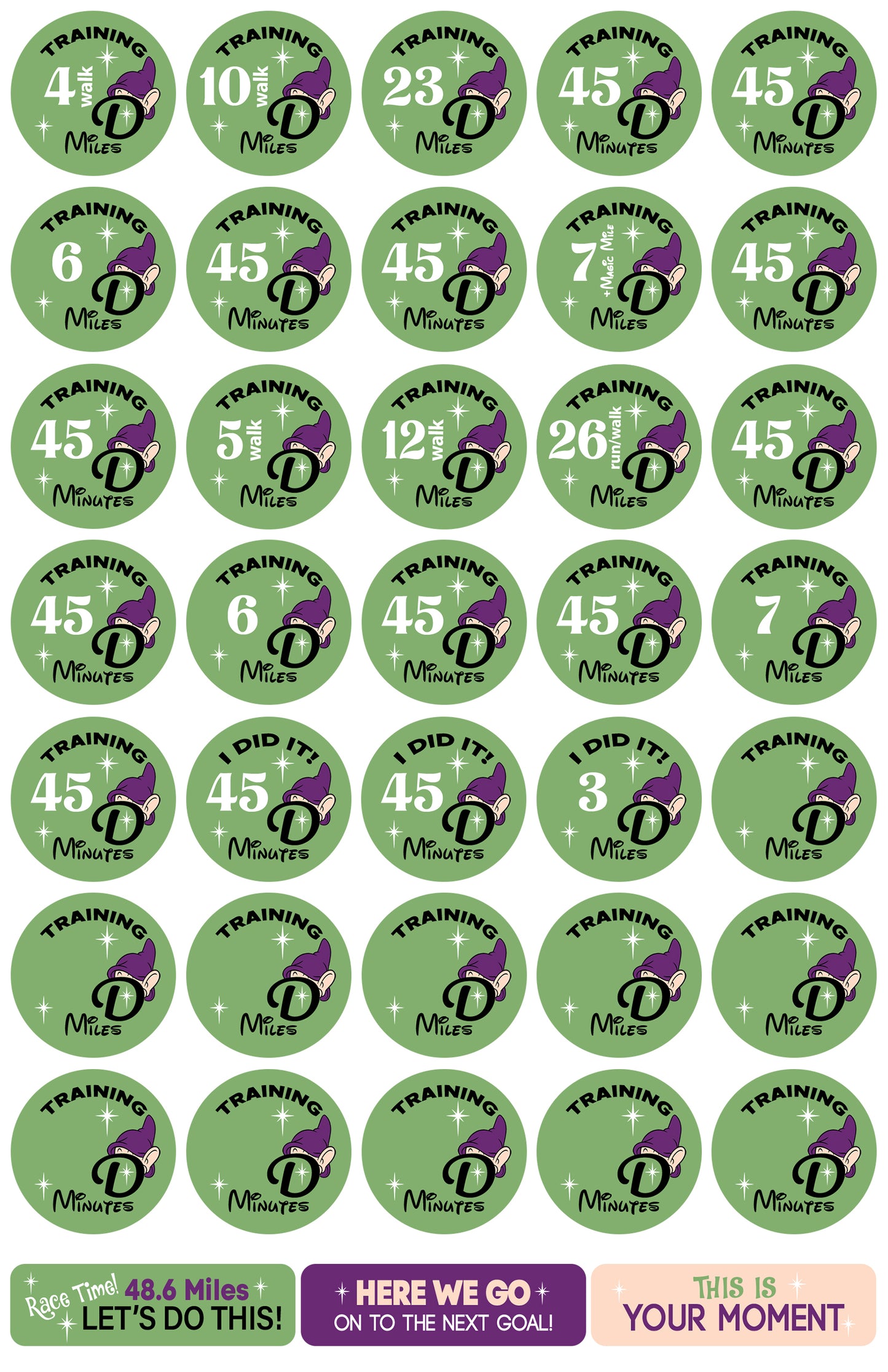 RunDisney Marathon Weekend Dopey Challenge 29-Week Galloway Training Plan Stickers