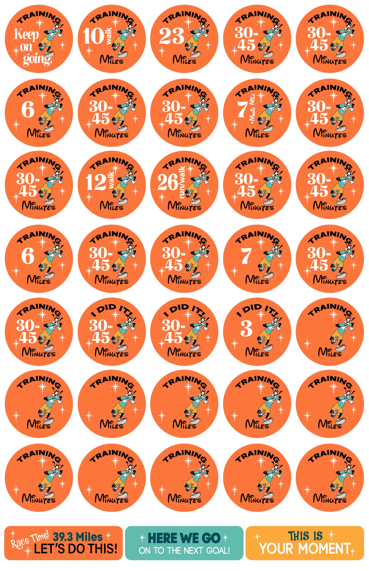 RunDisney Marathon Weekend Goofy Challenge 29-Week Galloway Training Plan Stickers THEMED 2024