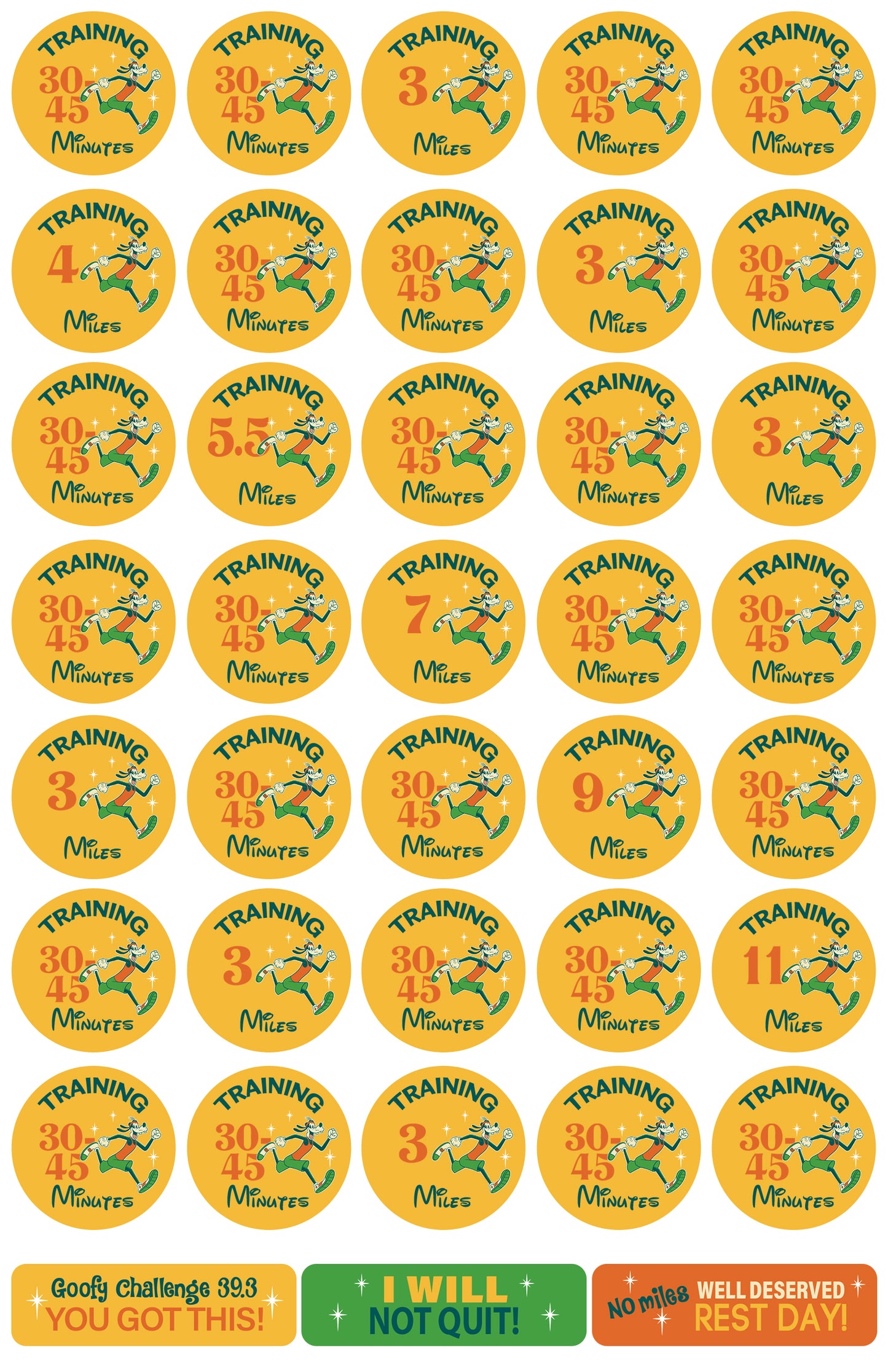 RunDisney Marathon Weekend Goofy Challenge 29-Week Galloway Training Plan Stickers THEMED 2025