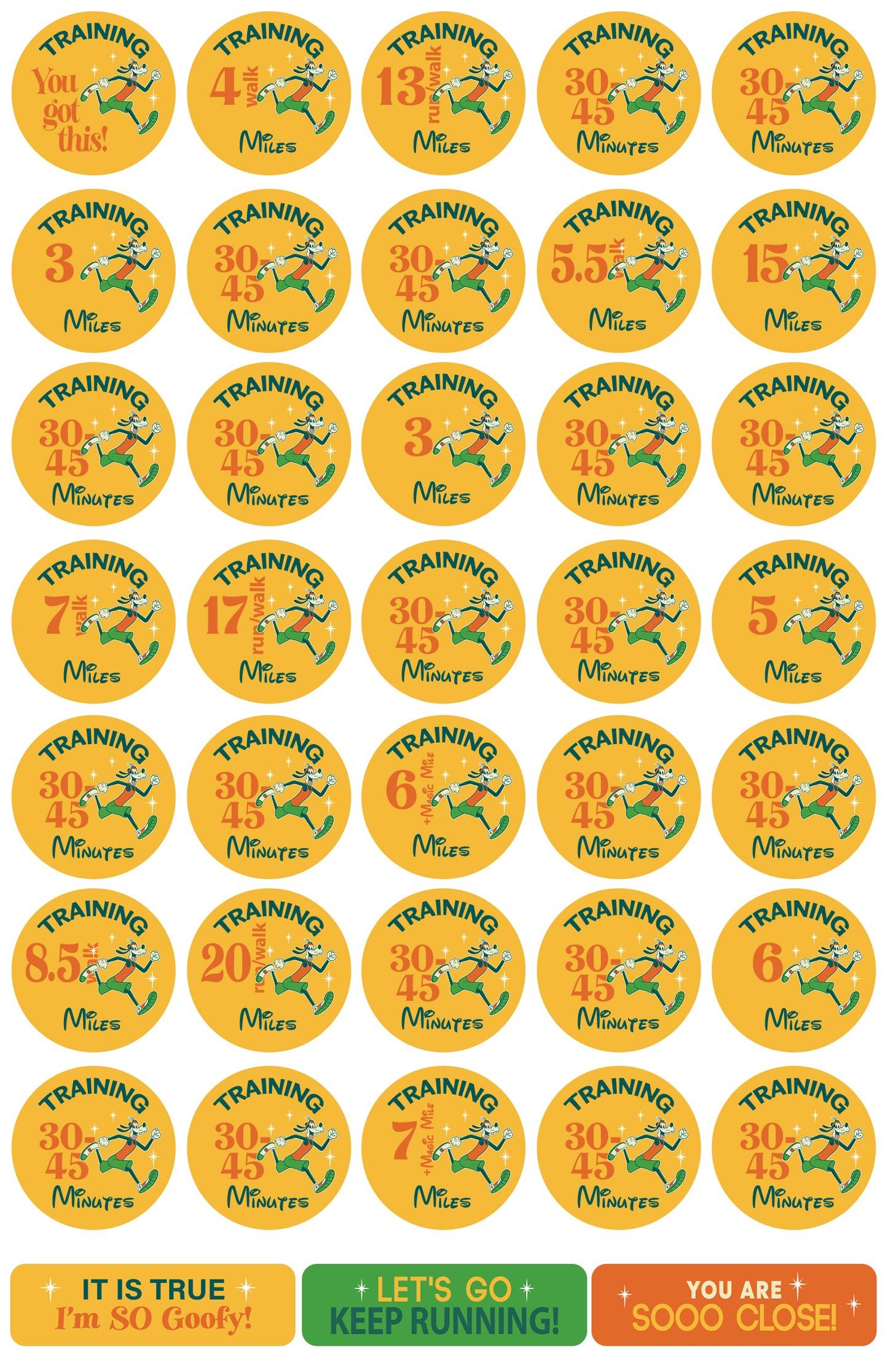 RunDisney Marathon Weekend Goofy Challenge 29-Week Galloway Training Plan Stickers THEMED 2025