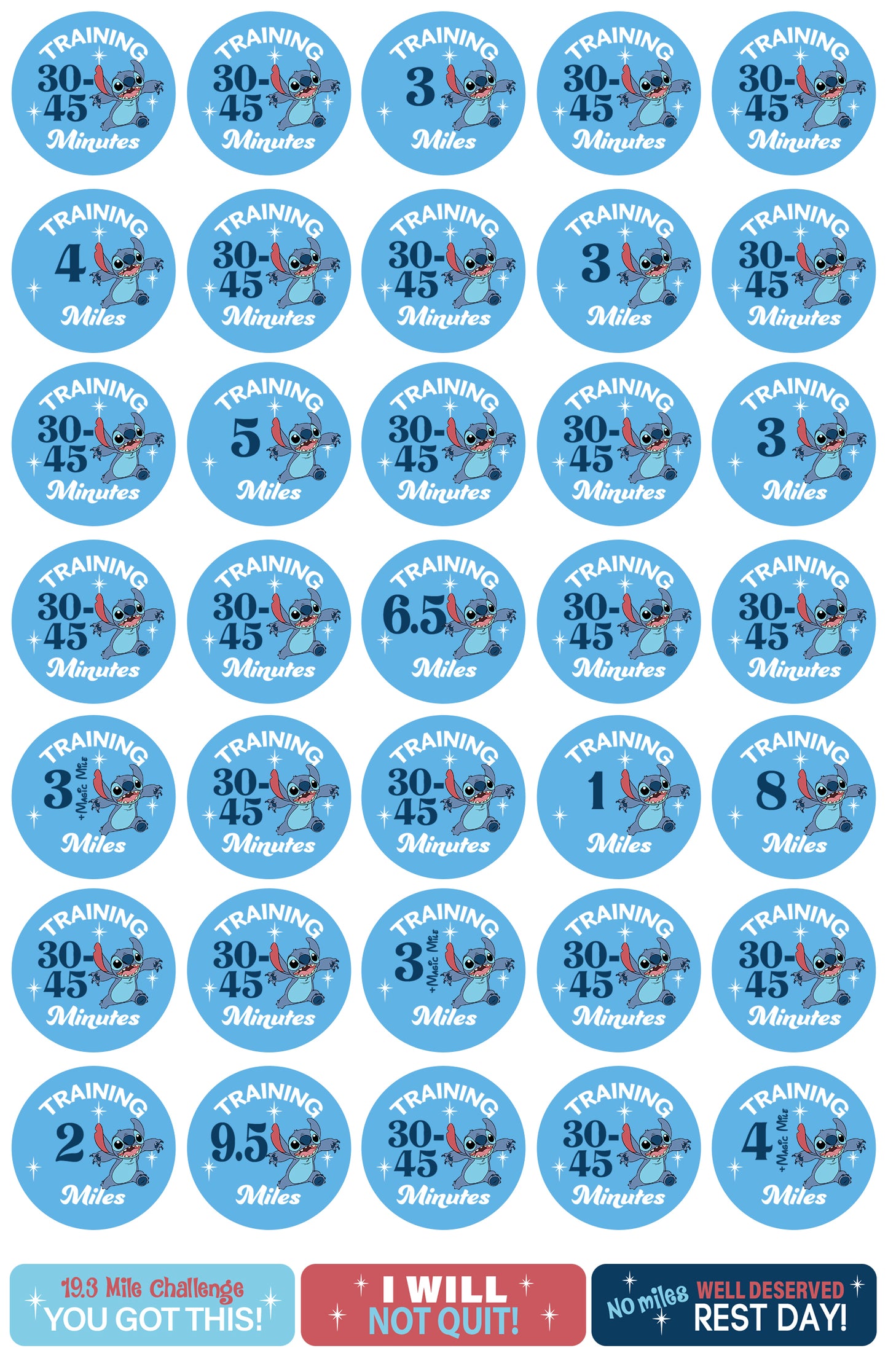 RunDisney Springtime Surprise Weekend 19.3 Mile Challenge 19-Week Galloway Training Plan Stickers THEMED 2024