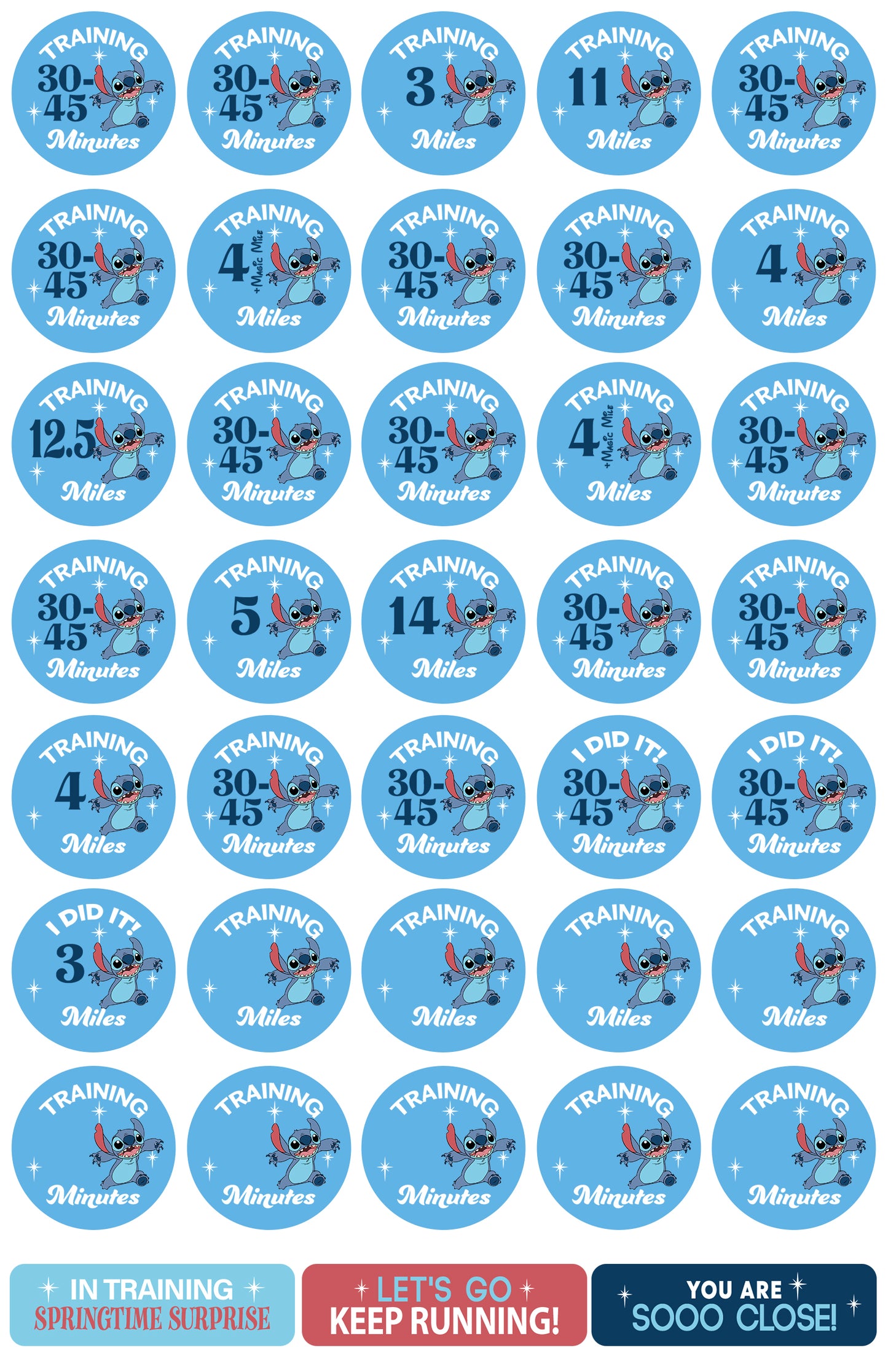 RunDisney Springtime Surprise Weekend 19.3 Mile Challenge 19-Week Galloway Training Plan Stickers THEMED 2024