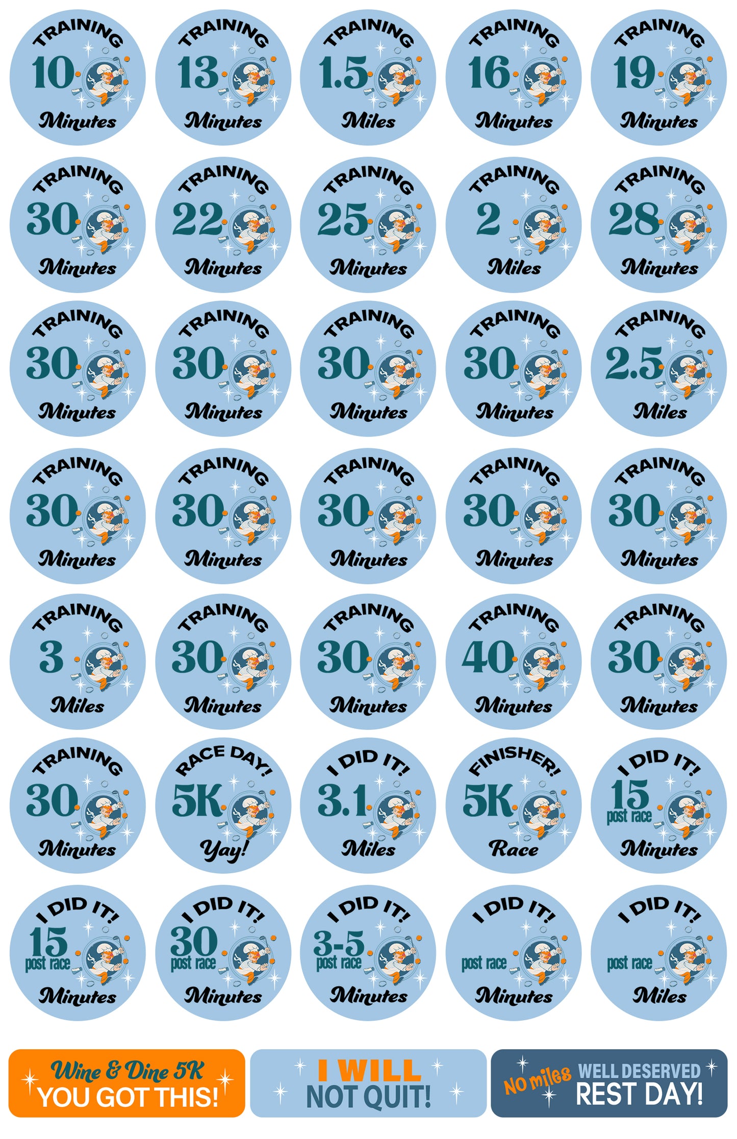 RunDisney Wine & Dine Weekend 2024 5K 13-Week Galloway Training Plan Stickers THEMED