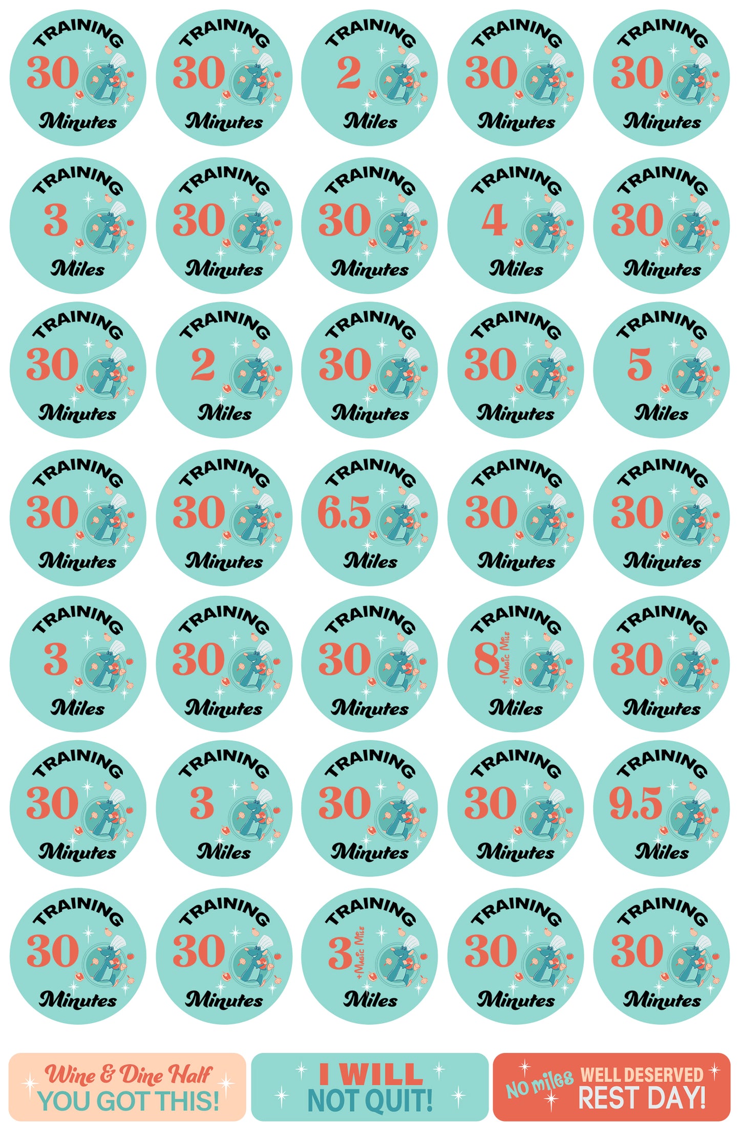 RunDisney Wine & Dine Weekend 2024 Half Marathon 19-Week Galloway Training Plan Stickers THEMED