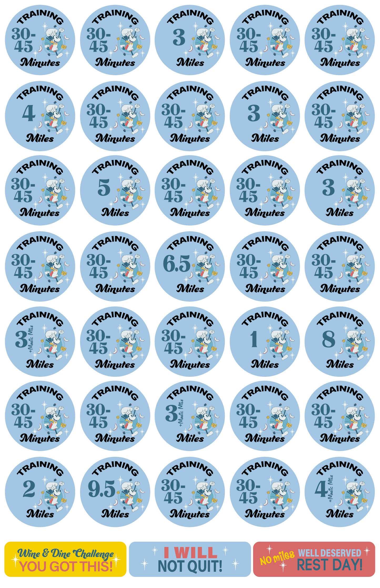 RunDisney Wine & Dine Weekend 2024 Two-Course Challenge 19.3 Miles 19-Week Galloway Training Plan Stickers THEMED