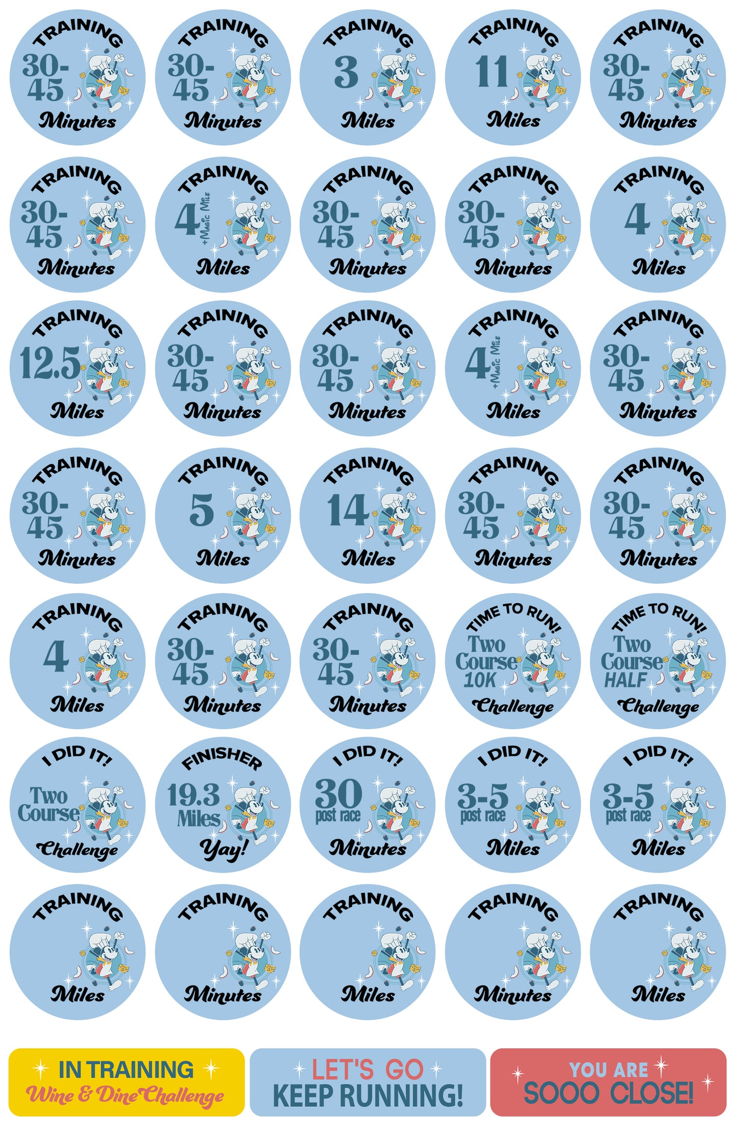 RunDisney Wine & Dine Weekend 2024 Two-Course Challenge 19.3 Miles 19-Week Galloway Training Plan Stickers THEMED