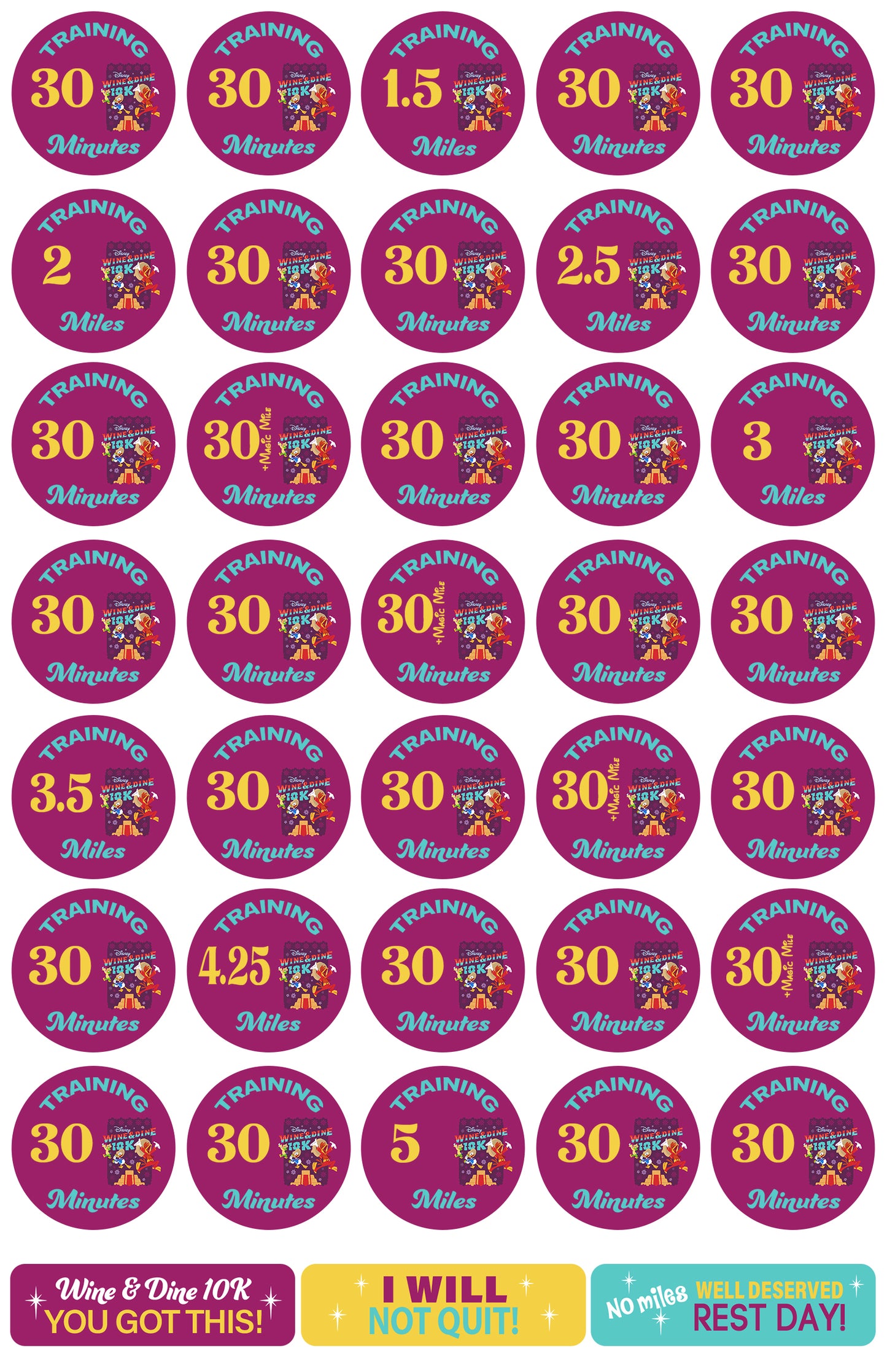 RunDisney Wine & Dine Weekend 2026 10K 18-Week Galloway Training Plan Stickers THEMED
