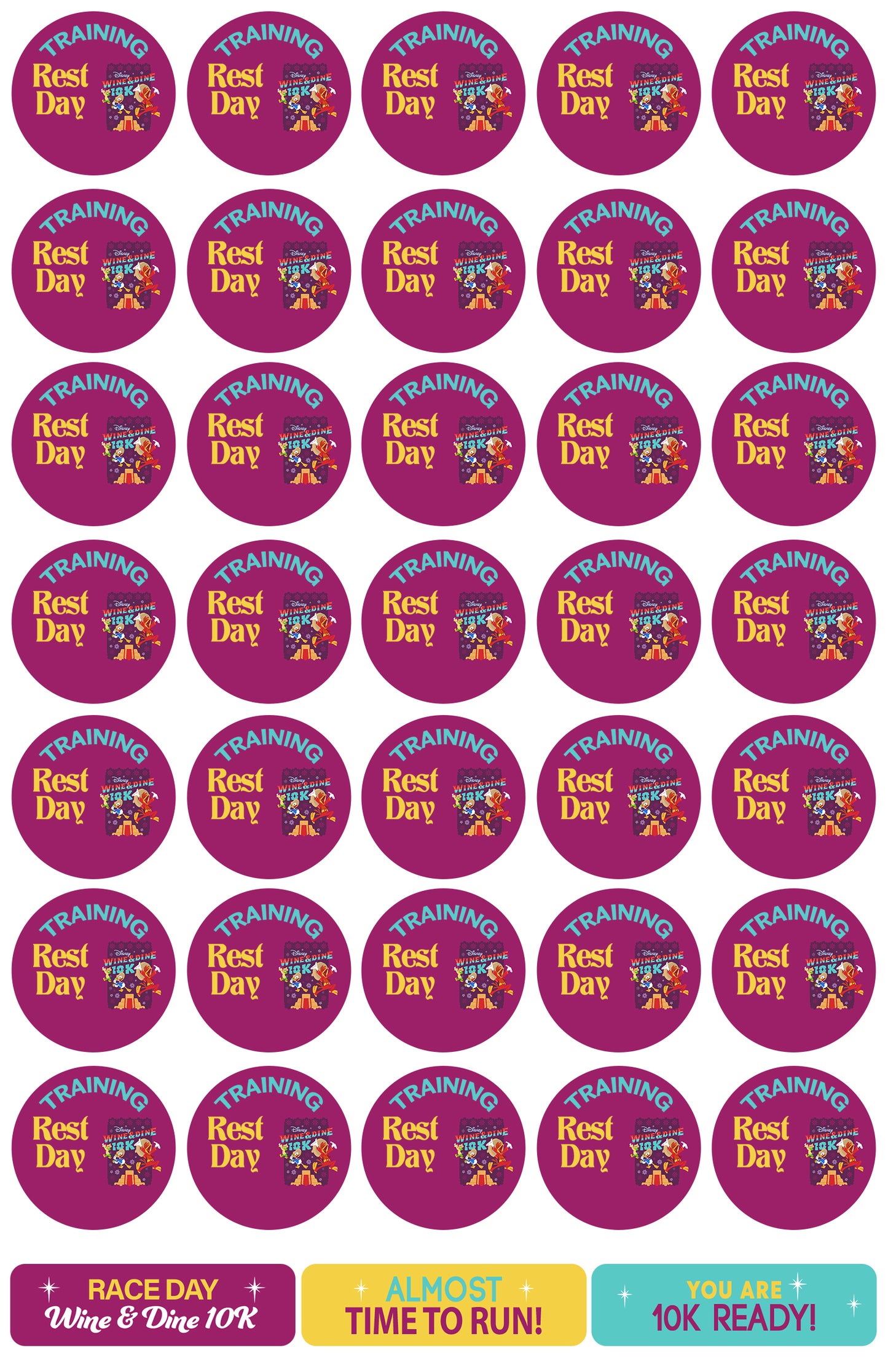 RunDisney Wine & Dine Weekend 2026 10K 18-Week Galloway Training Plan Stickers THEMED