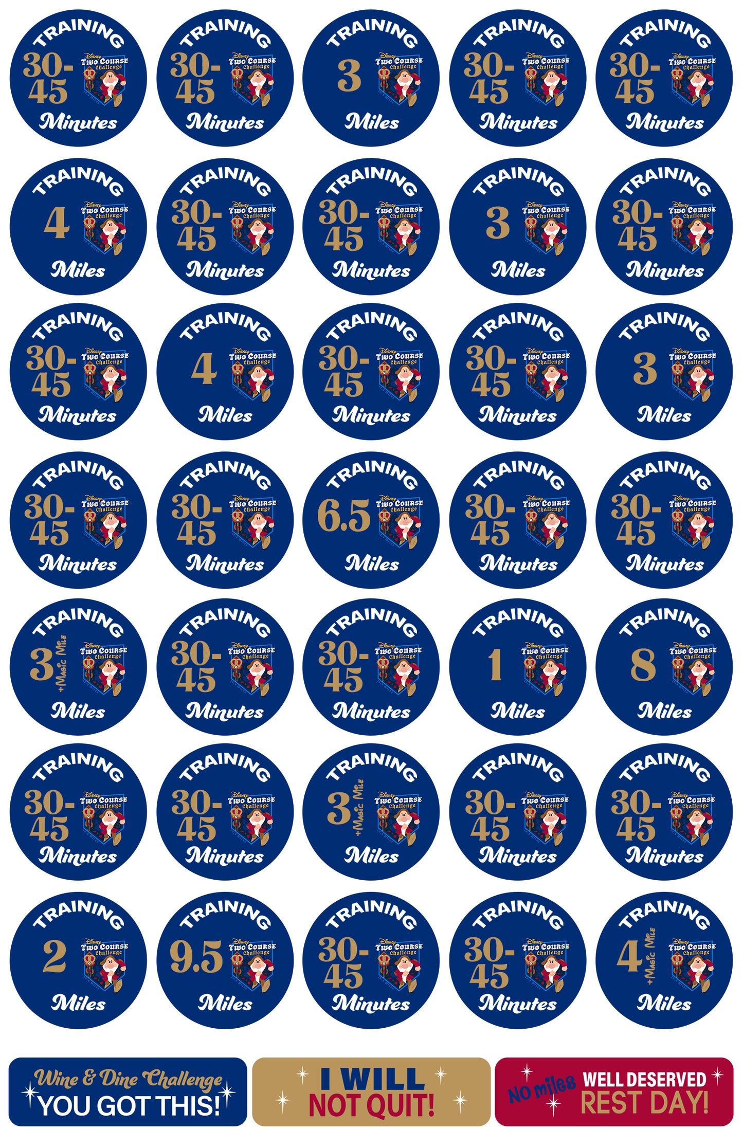 RunDisney Wine & Dine Weekend 2026 Two-Course Challenge 19-Week Galloway Training Plan Stickers THEMED