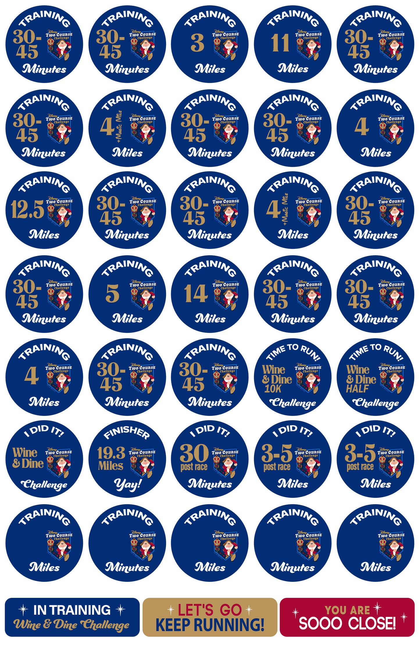 RunDisney Wine & Dine Weekend 2026 Two-Course Challenge 19-Week Galloway Training Plan Stickers THEMED