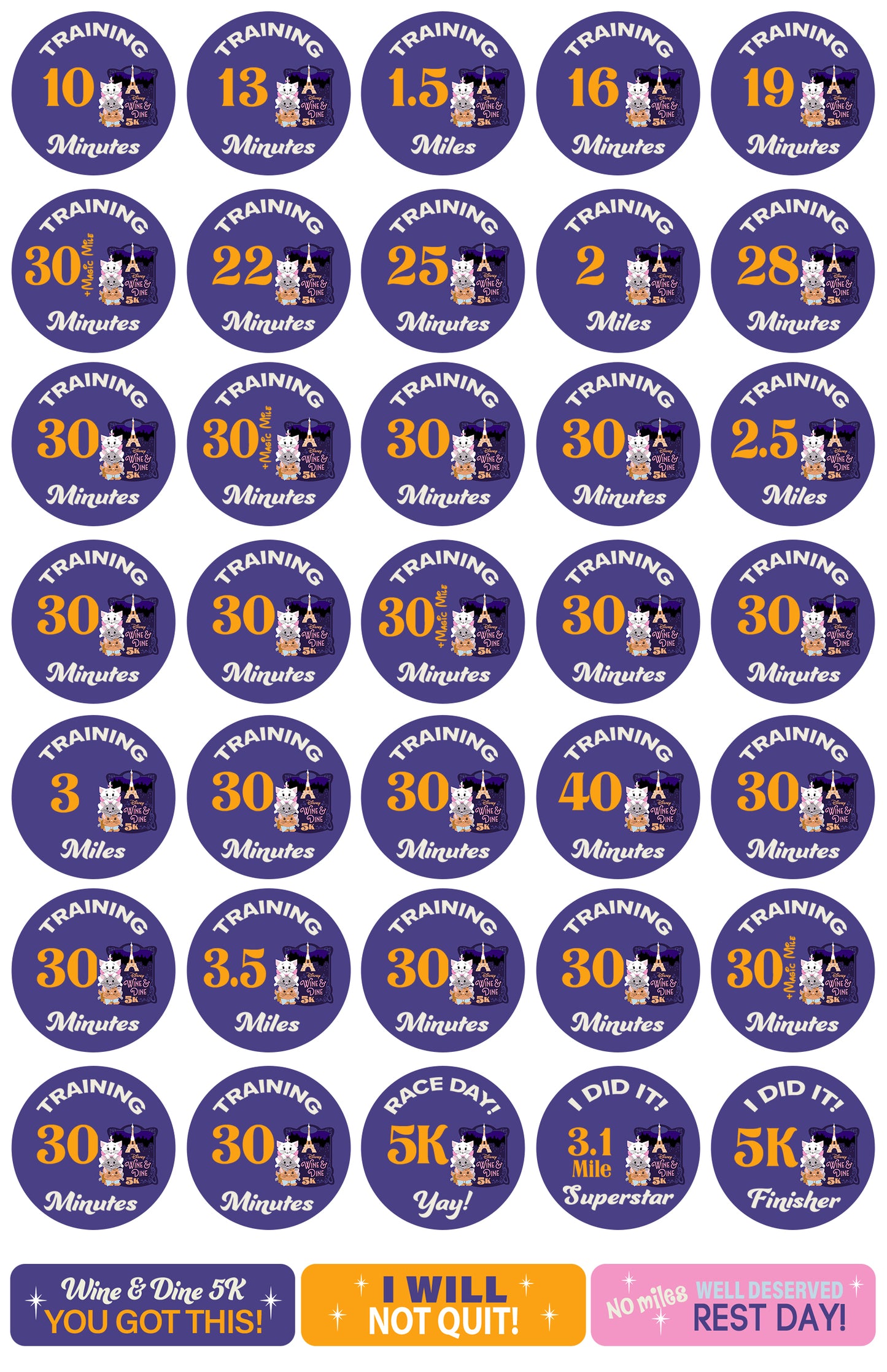 RunDisney Wine & Dine Weekend 2026 5K 13-Week Galloway Training Plan Stickers THEMED