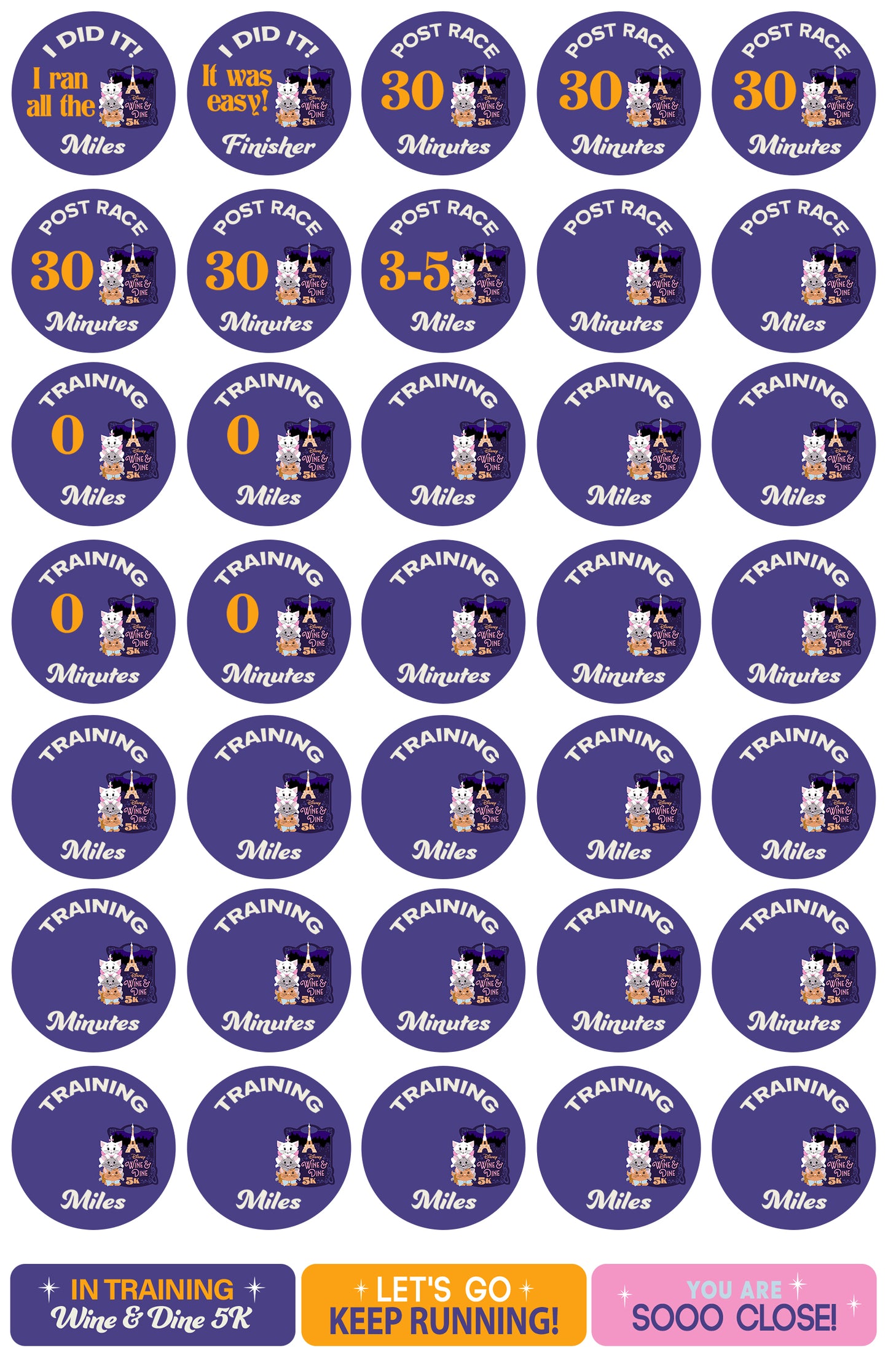 RunDisney Wine & Dine Weekend 2026 5K 13-Week Galloway Training Plan Stickers THEMED