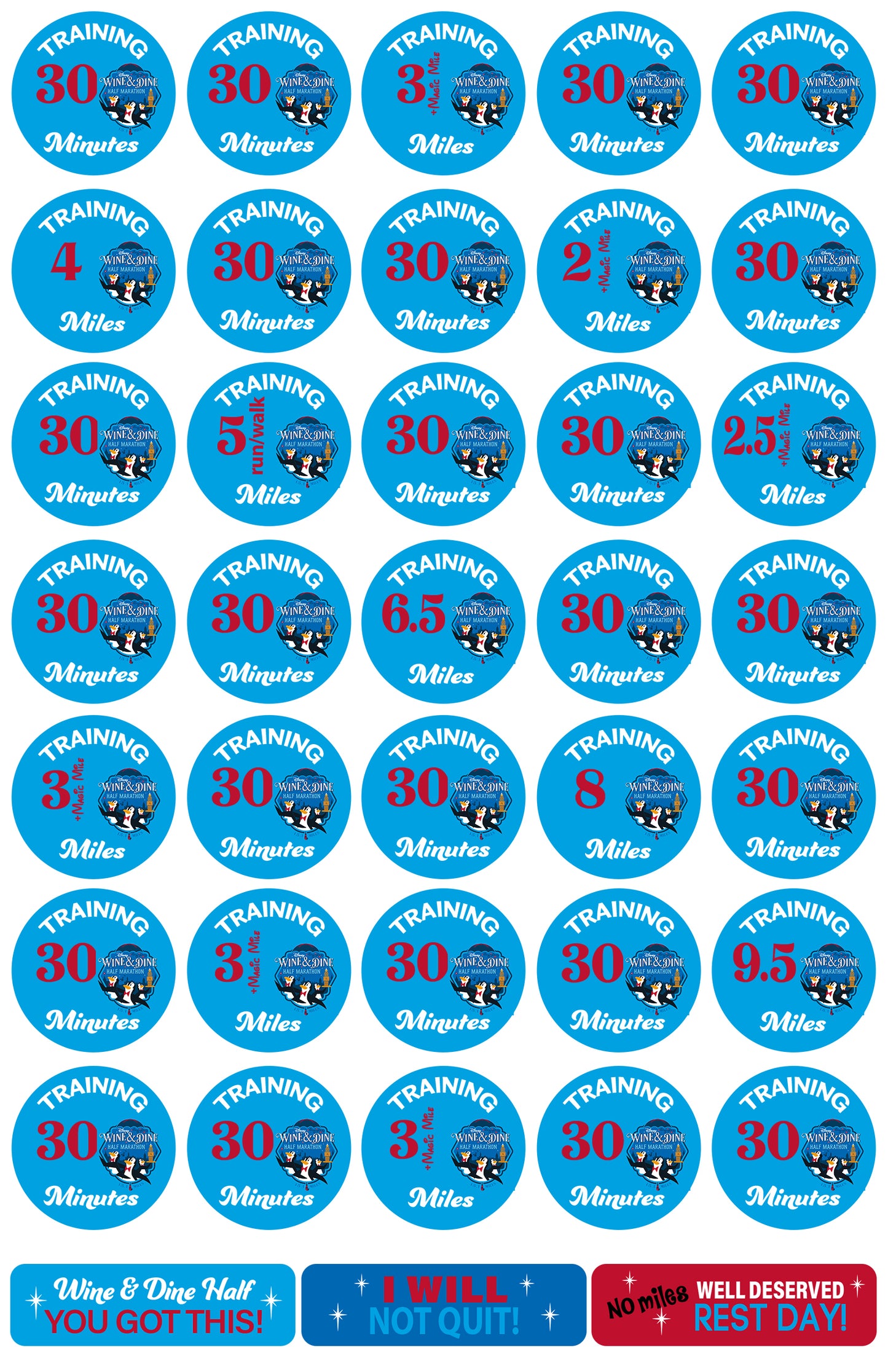 RunDisney Wine & Dine Weekend 2026 Half Marathon 19-Week and 22-Week Galloway Training Plan Stickers THEMED