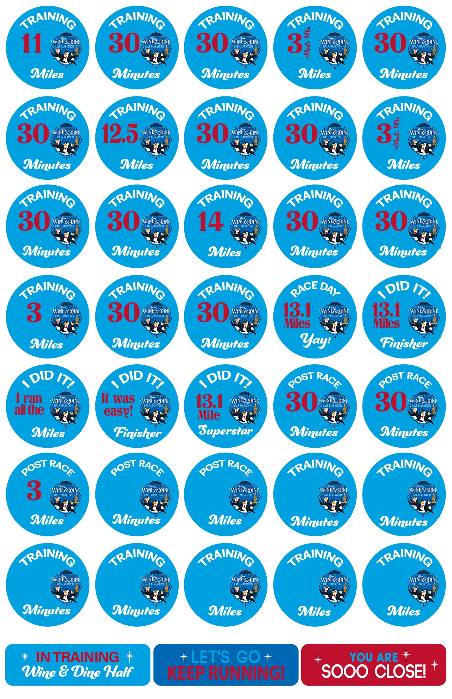 RunDisney Wine & Dine Weekend 2026 Half Marathon 19-Week and 22-Week Galloway Training Plan Stickers THEMED