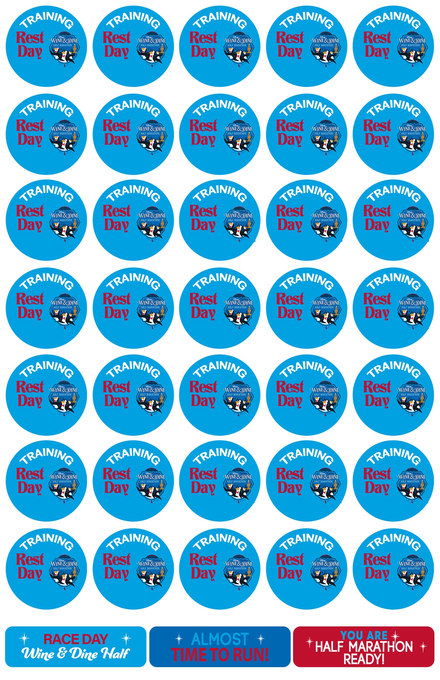 RunDisney Wine & Dine Weekend 2026 Half Marathon 19-Week and 22-Week Galloway Training Plan Stickers THEMED