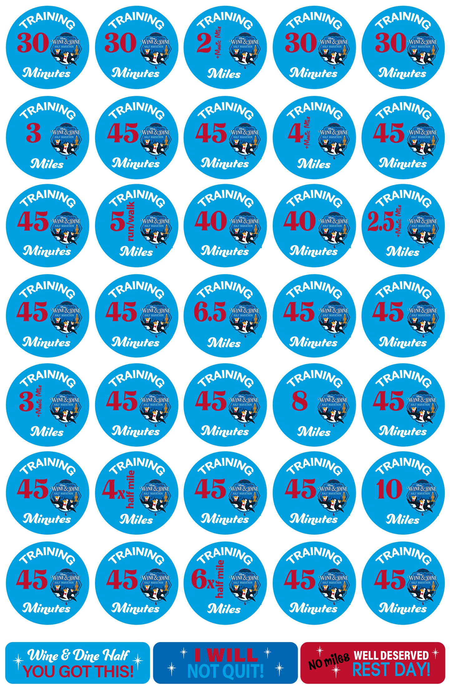 RunDisney Wine & Dine Weekend 2026 Half Marathon 19-Week and 22-Week Galloway Training Plan Stickers THEMED