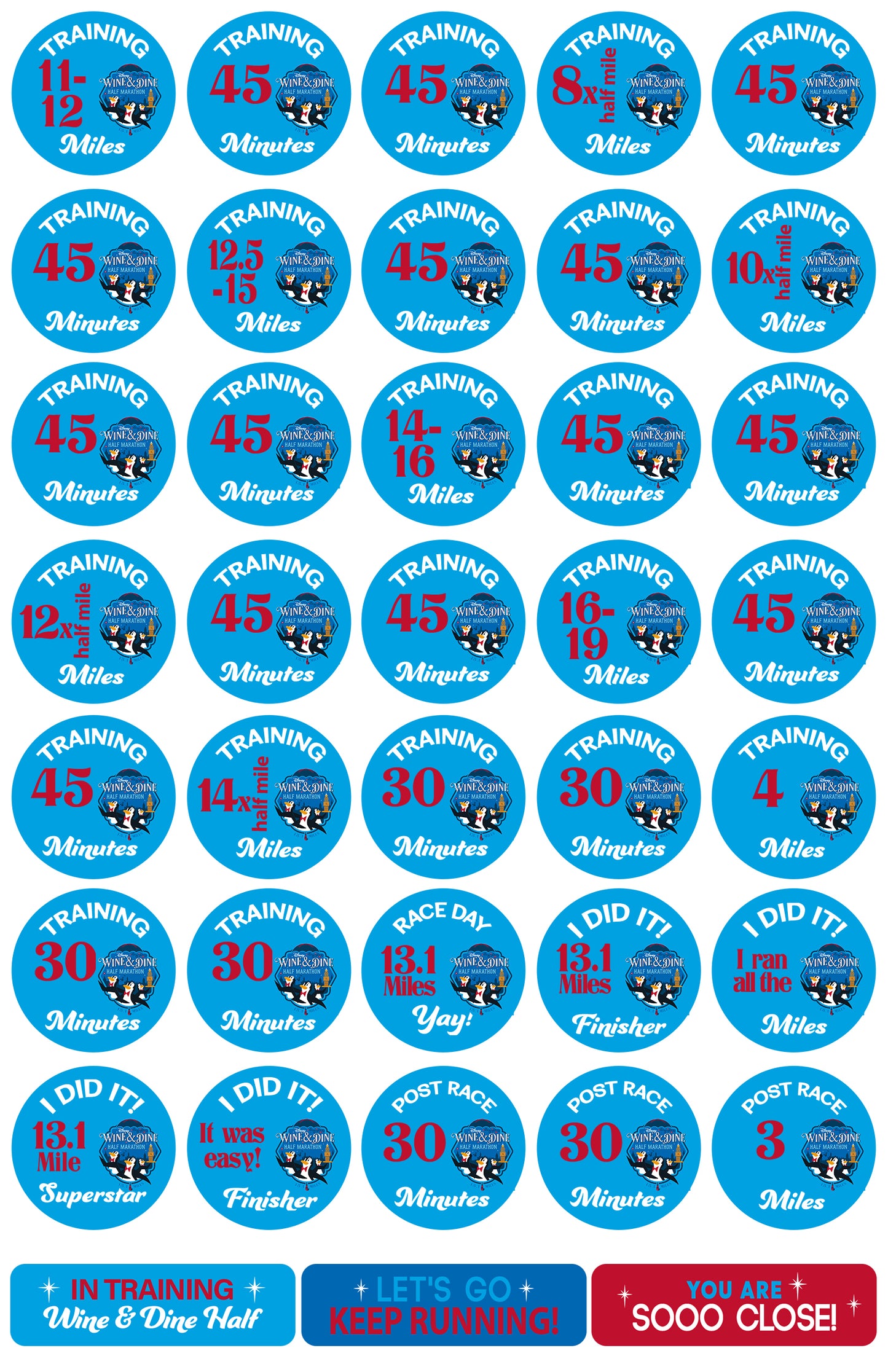 RunDisney Wine & Dine Weekend 2026 Half Marathon 19-Week and 22-Week Galloway Training Plan Stickers THEMED