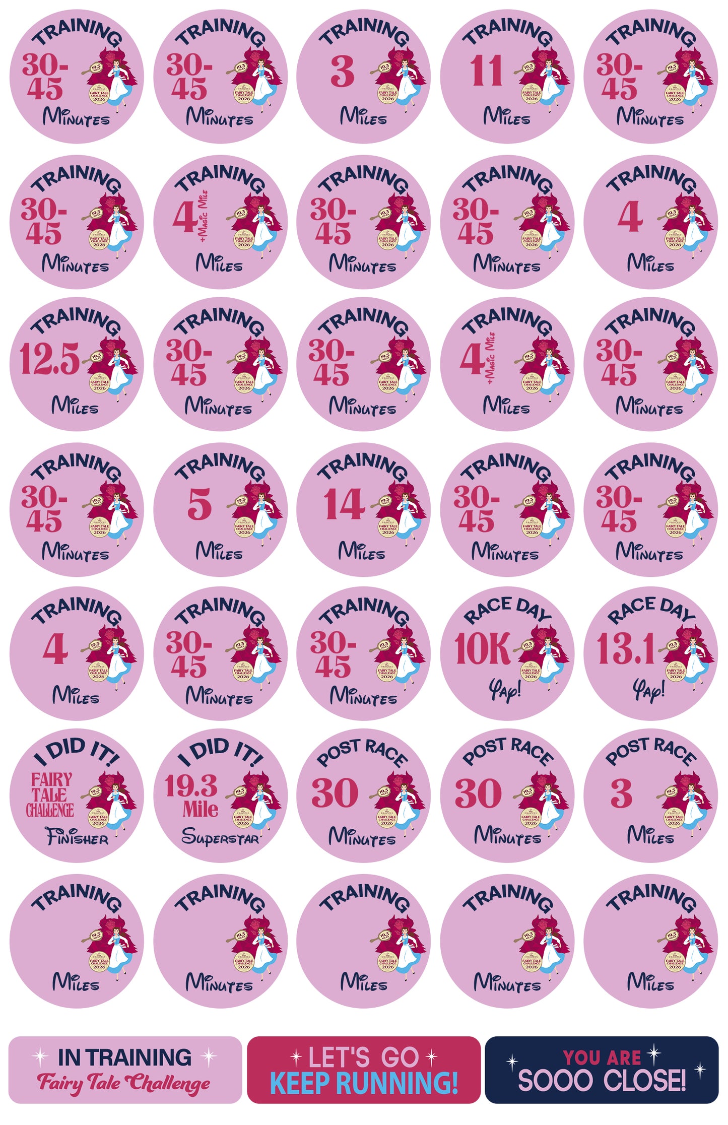RunDisney Princess Half Marathon Weekend 19.3 Miles Fairy Tale Challenge 19-Week Galloway Training Plan Stickers THEMED 2026